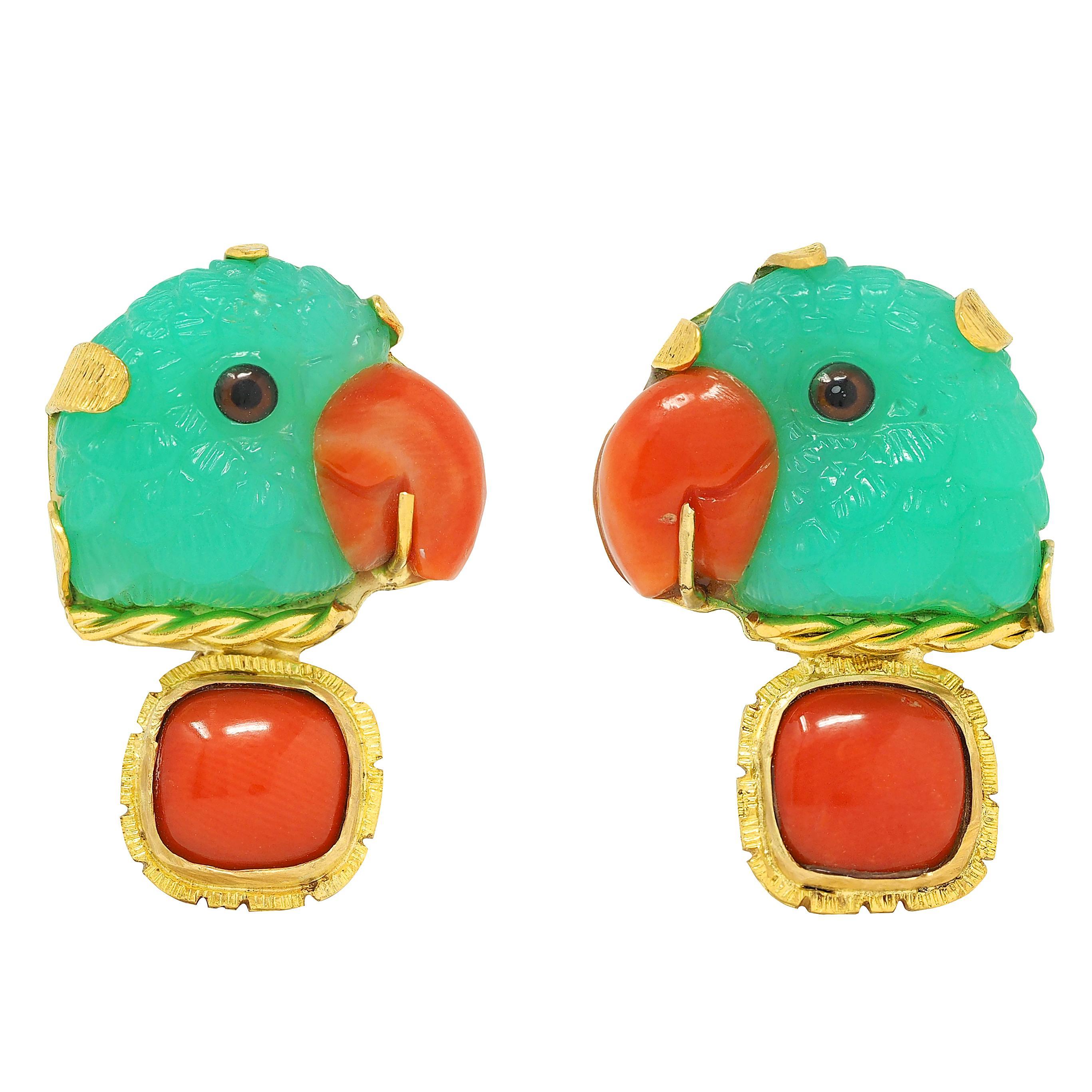 Hans-Ulrich Pauly Crisoprasa Coral Resina Oro 22K Pendientes Loro Diurno Cabujón en venta