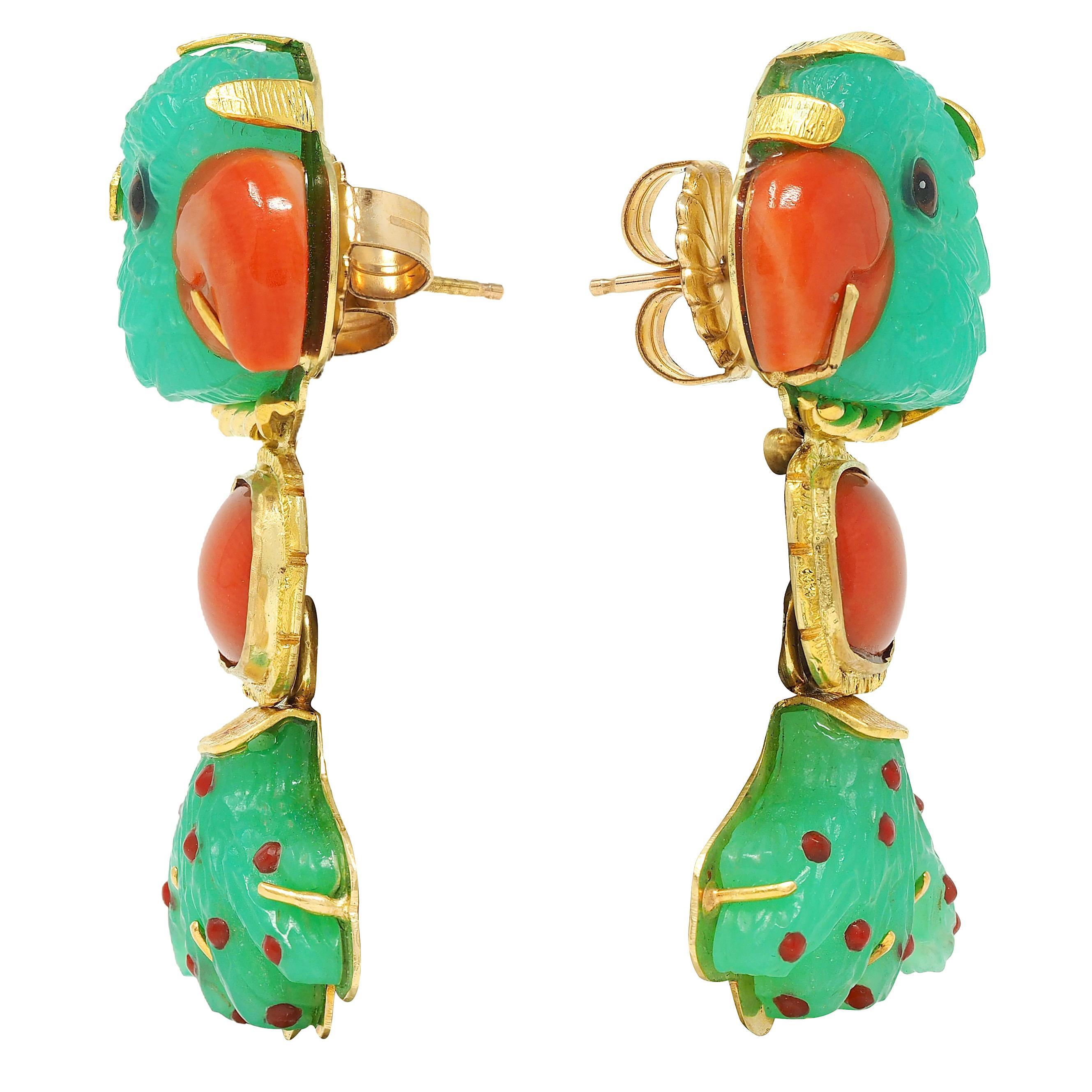 Hans-Ulrich Pauly Crisoprasa Coral Resina Oro 22K Pendientes Loro Diurno en Excelente estado para la venta en Philadelphia, PA