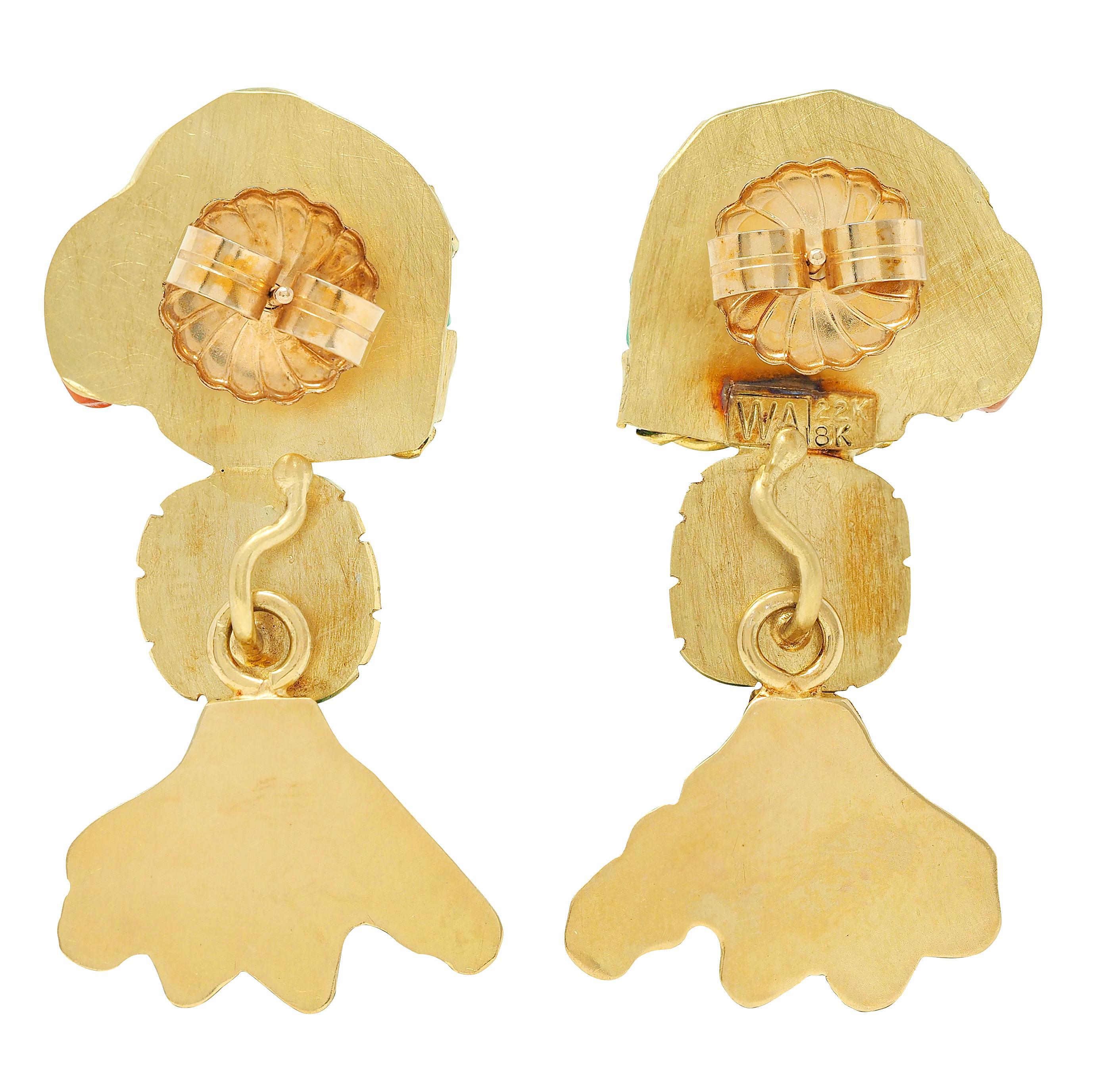 Femenino o masculino Hans-Ulrich Pauly Crisoprasa Coral Resina Oro 22K Pendientes Loro Diurno en venta