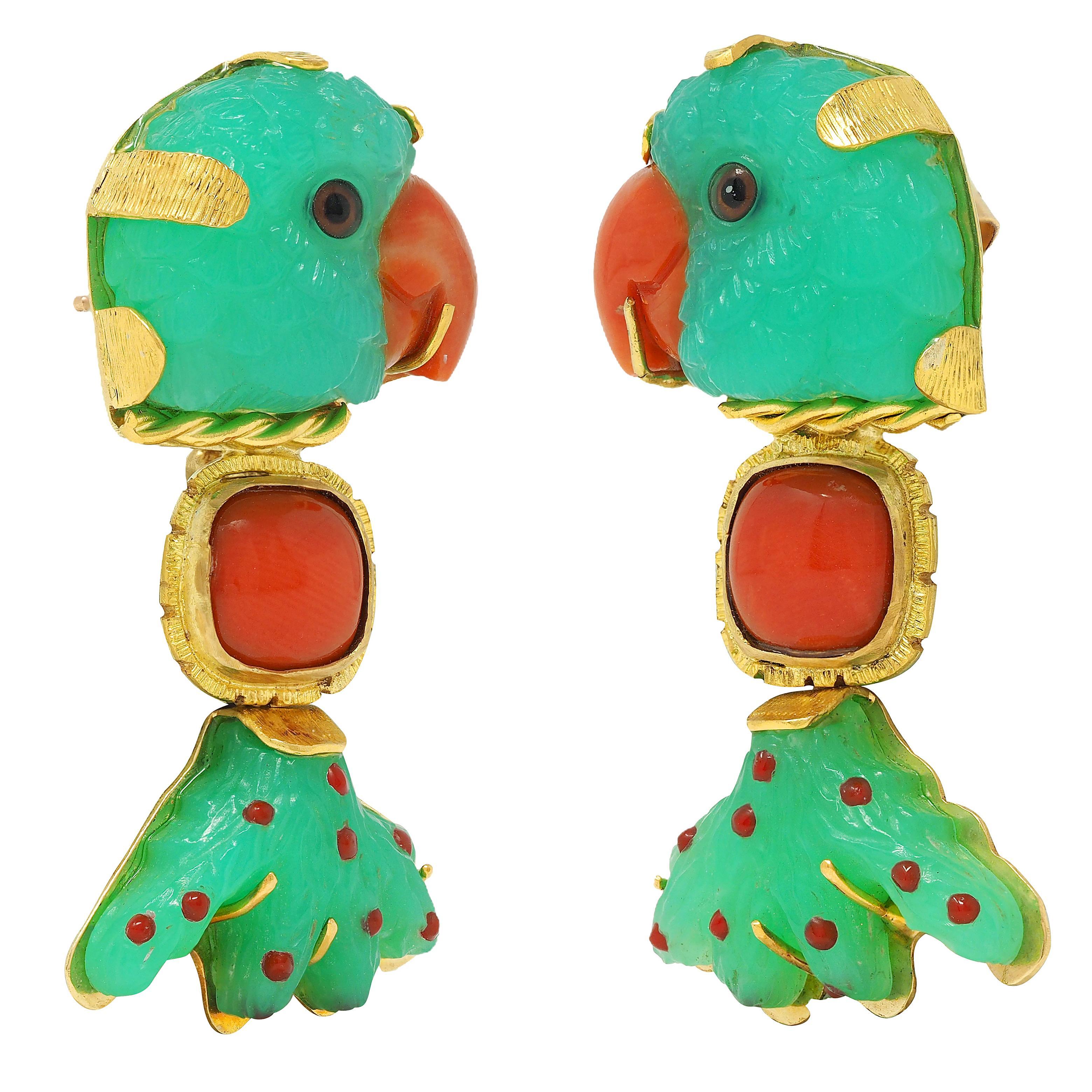 Hans-Ulrich Pauly Crisoprasa Coral Resina Oro 22K Pendientes Loro Diurno en venta 1