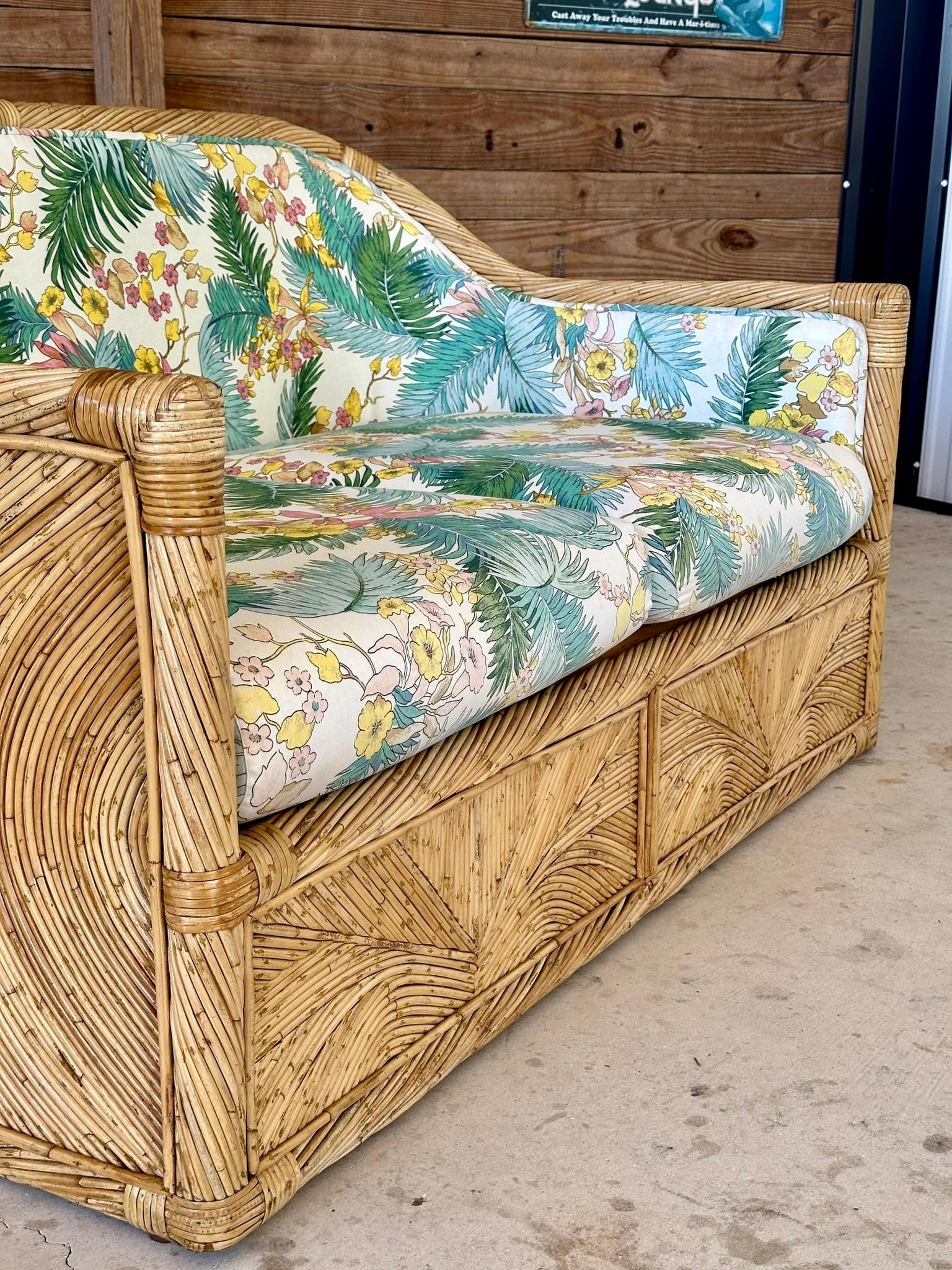 1970 Coastal boho Pencil Reed Rattan Loveseat Manner of Gabriella Crespi 6