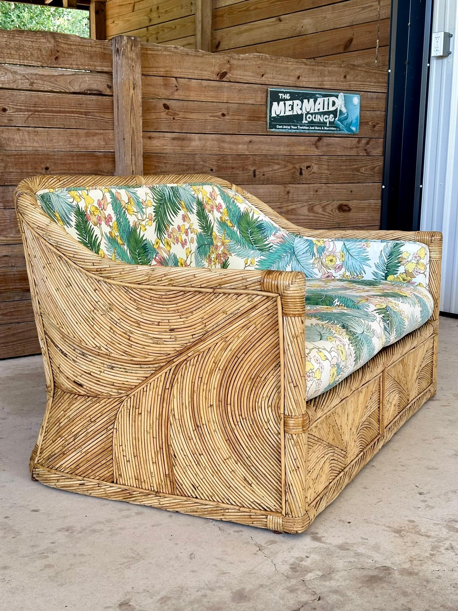 1970 Coastal boho Pencil Reed Rattan Loveseat Manner of Gabriella Crespi 7
