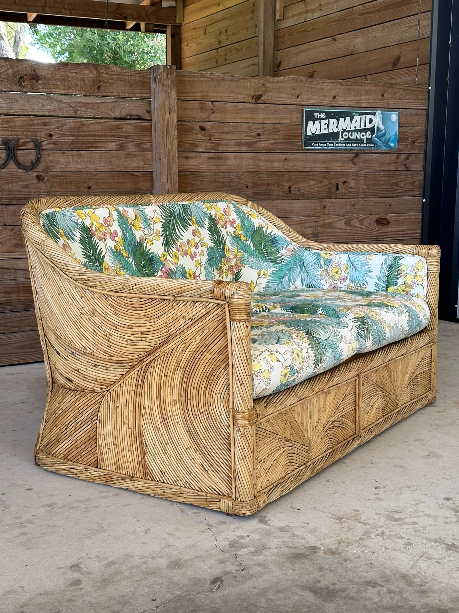 1970 Coastal boho Pencil Reed Rattan Loveseat Manner of Gabriella Crespi 8