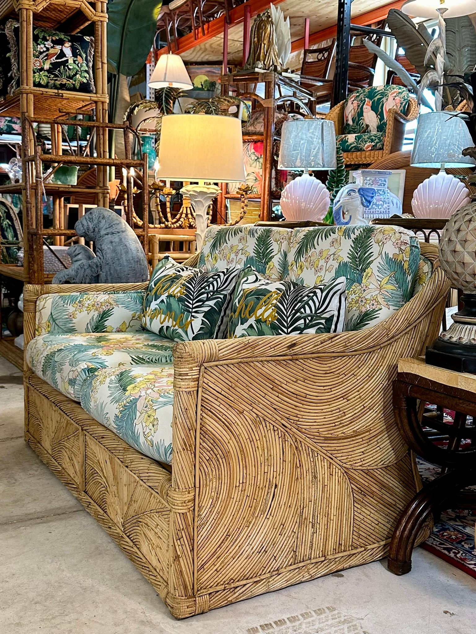 1970 Coastal boho Pencil Reed Rattan Loveseat Manner of Gabriella Crespi 11