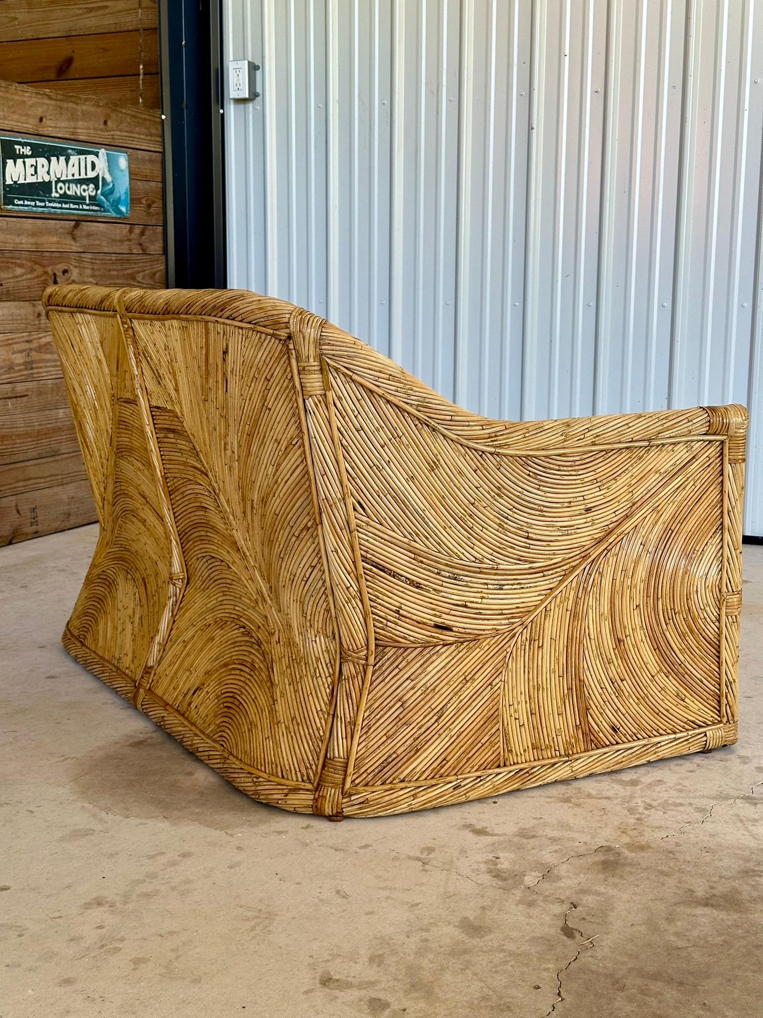 Bohemian 1970 Coastal boho Pencil Reed Rattan Loveseat Manner of Gabriella Crespi