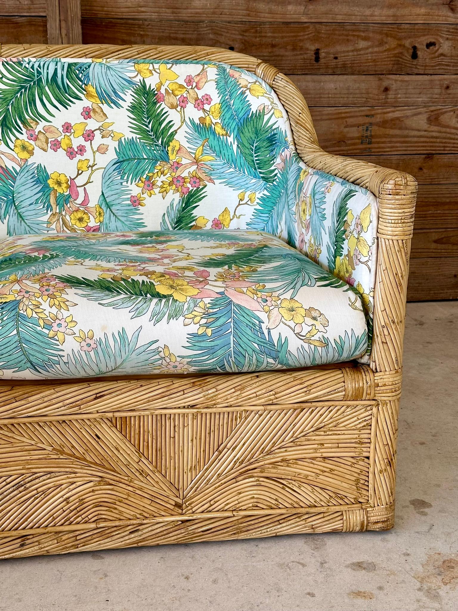 Italian 1970 Coastal boho Pencil Reed Rattan Loveseat Manner of Gabriella Crespi