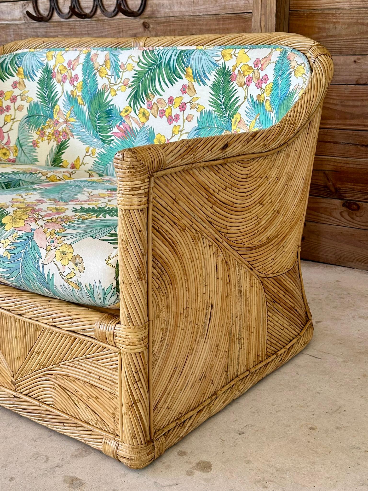 Hand-Crafted 1970 Coastal boho Pencil Reed Rattan Loveseat Manner of Gabriella Crespi