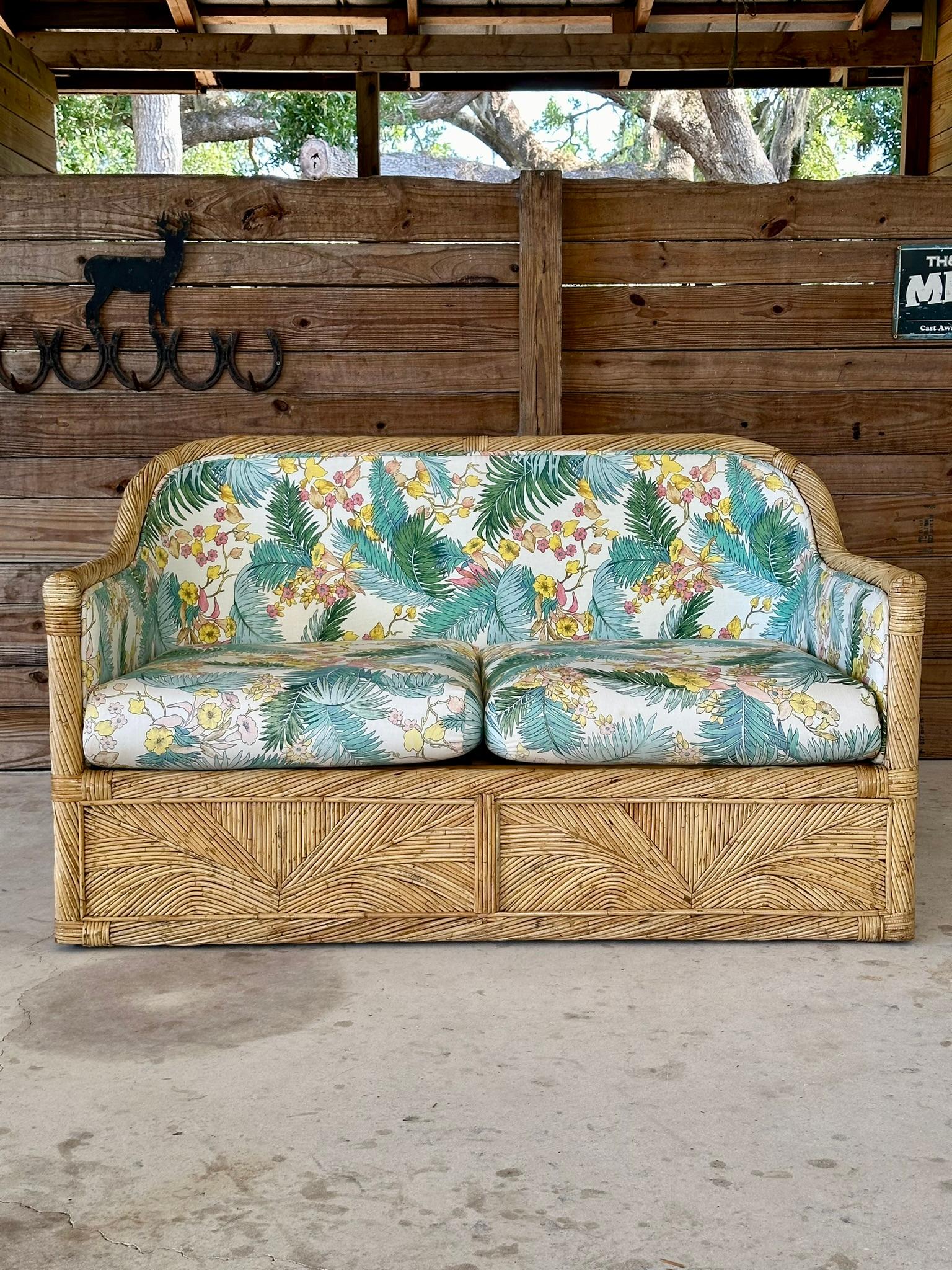 Late 20th Century 1970 Coastal boho Pencil Reed Rattan Loveseat Manner of Gabriella Crespi