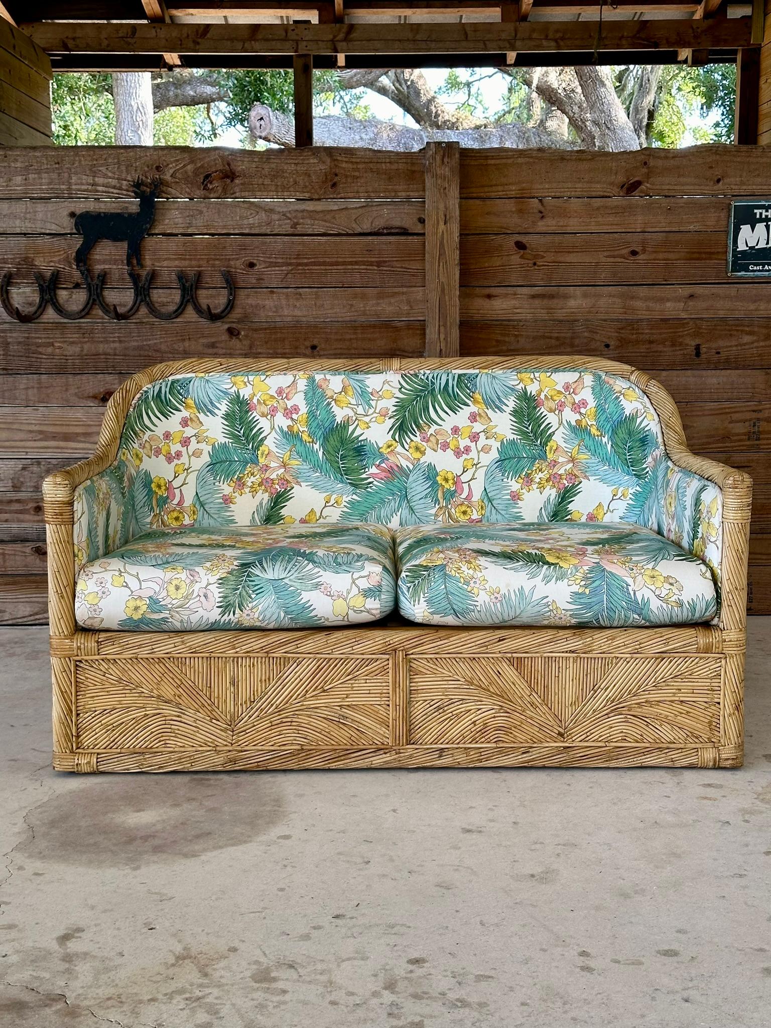1970 Coastal boho Pencil Reed Rattan Loveseat Manner of Gabriella Crespi 1