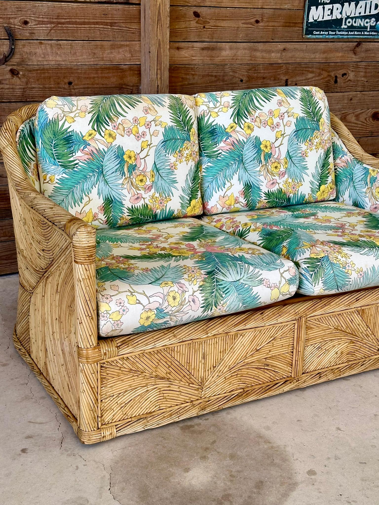 1970 Coastal boho Pencil Reed Rattan Loveseat Manner of Gabriella Crespi 2
