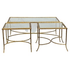 1970′ Coffee Table And Its 2 Bronze Sofa Ends Palm Tree Model, Maison Charles