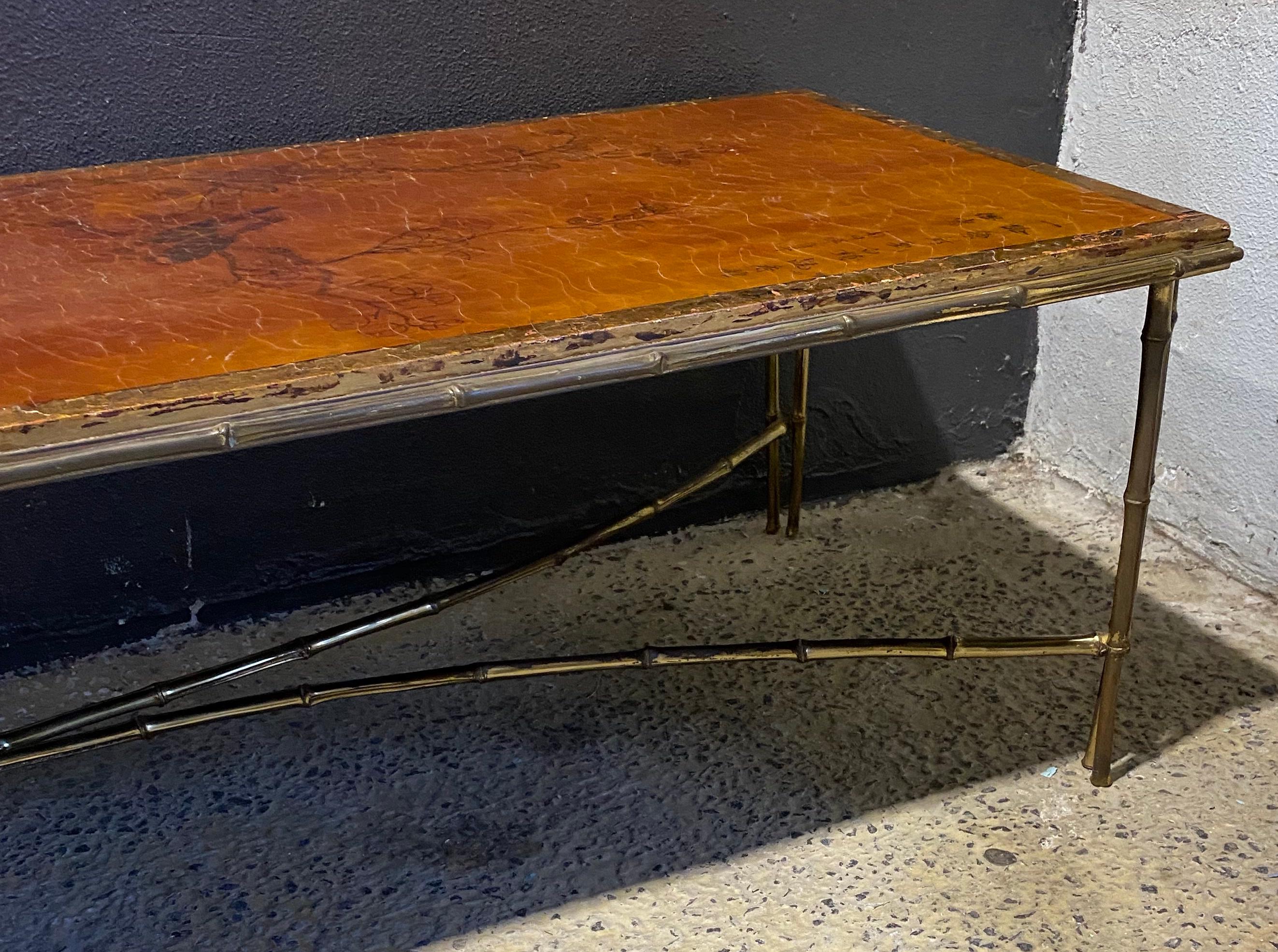 French 1970 ‘Coffee Table Bronze Bamboo Model Maison Baguès Chinese Lacquer 168 X 65 cm For Sale