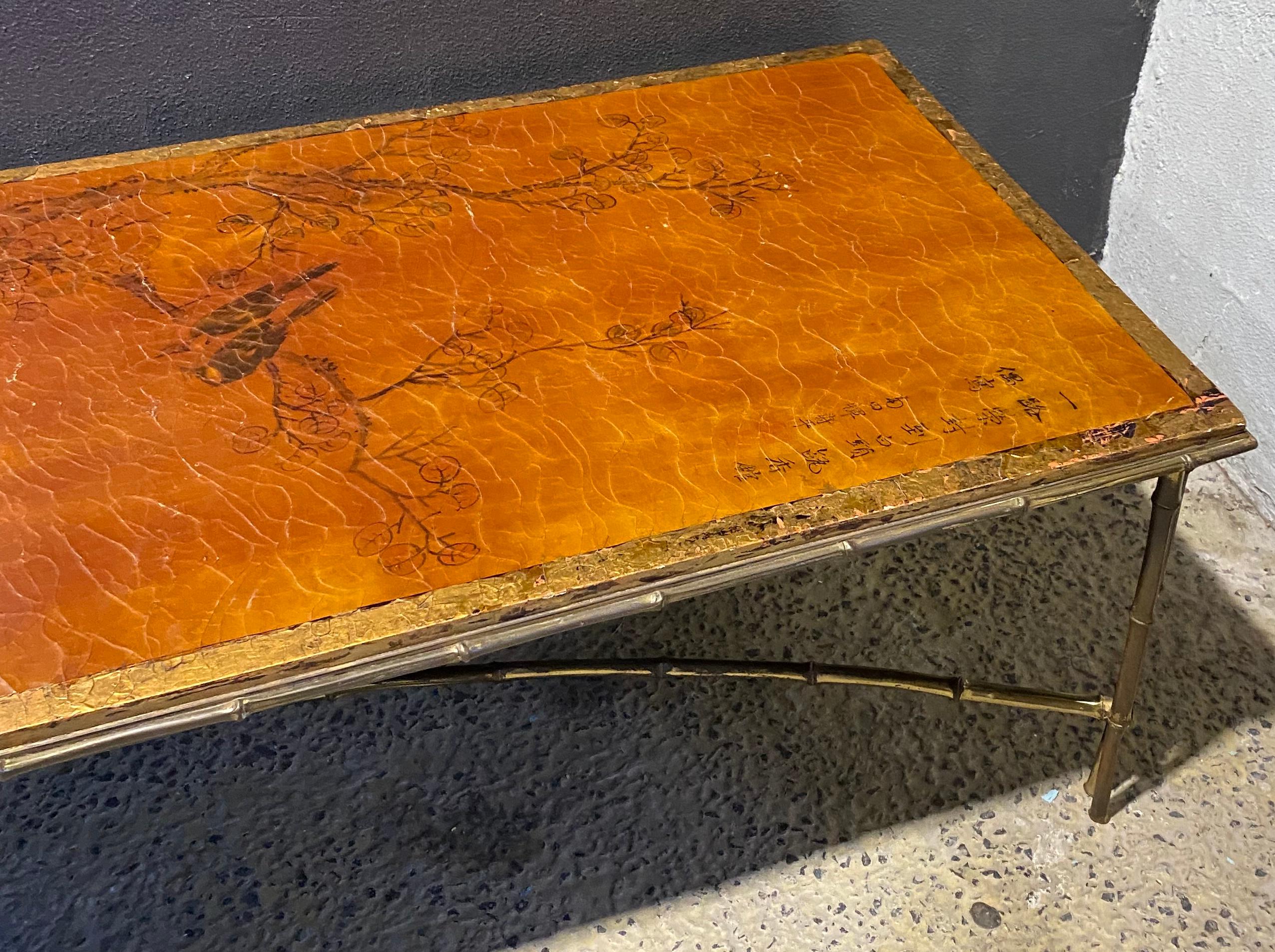 Lacquered 1970 ‘Coffee Table Bronze Bamboo Model Maison Baguès Chinese Lacquer 168 X 65 cm For Sale