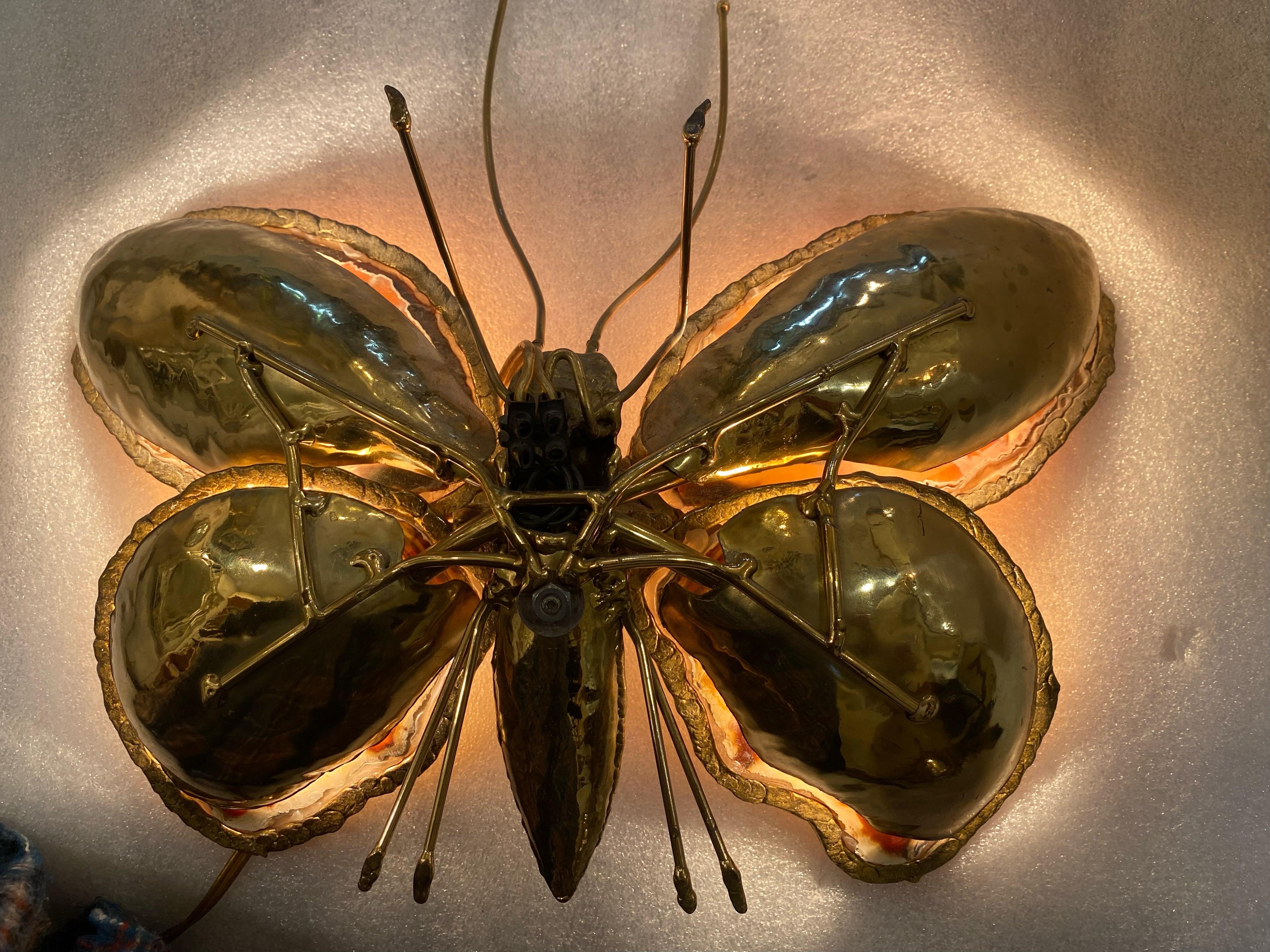 Polished 1970’ Couple of Butterfly Sconces in Bronze or Brass, Duval Brasseur or I.Faure