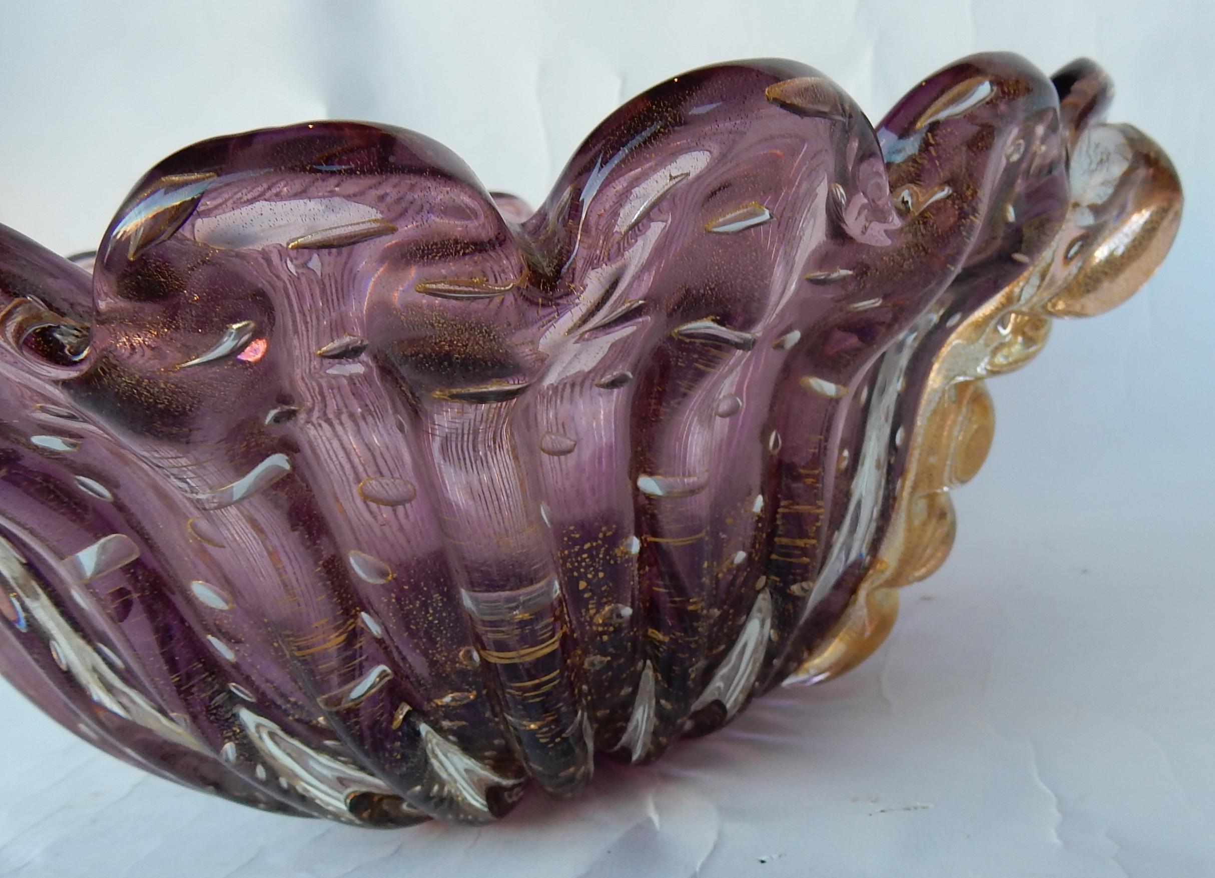 Art Deco 1970 Cup, Murano Crystal Purple and Gold, Signed Toso For Sale