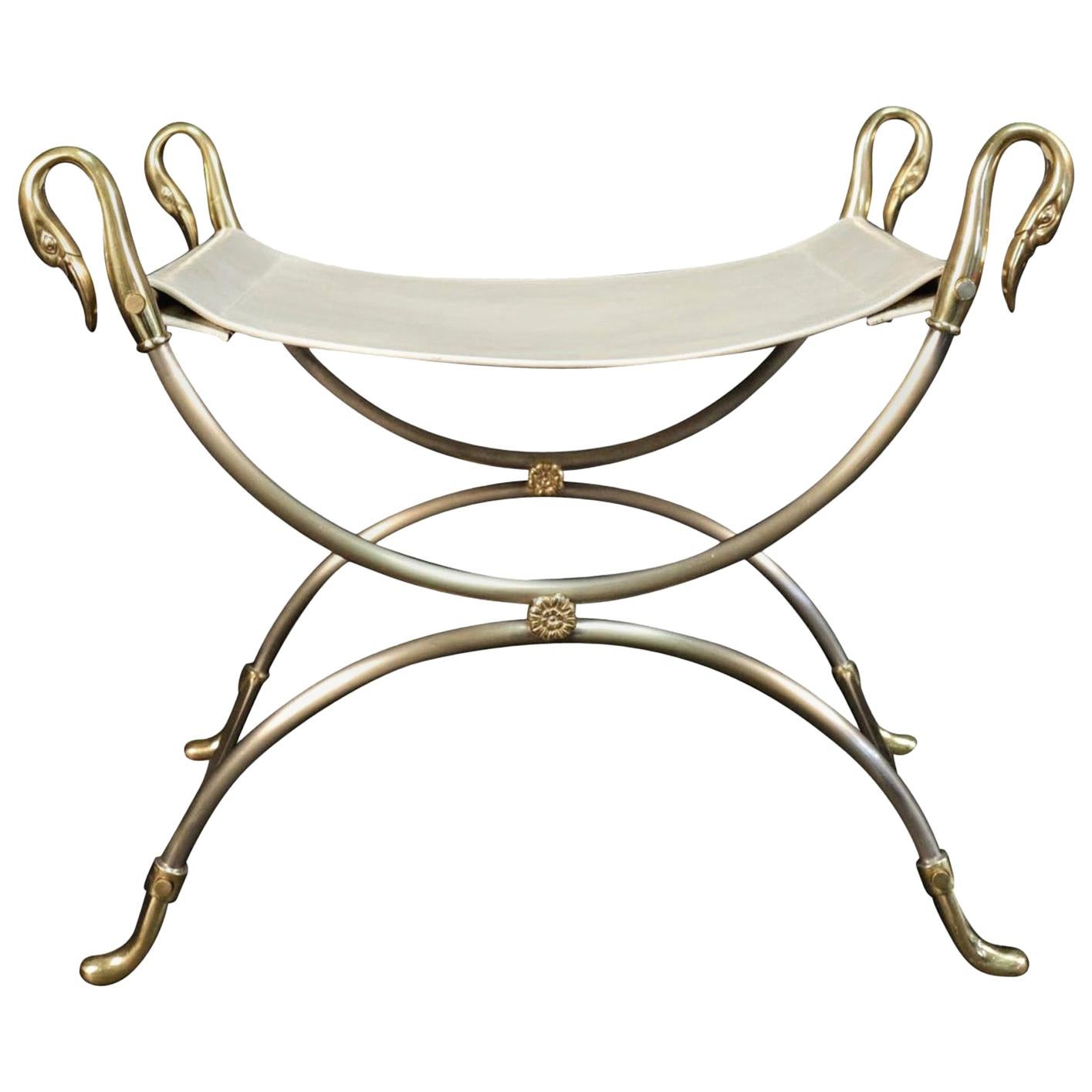 1970 Curule Stool in Gilded and Silvered Bronze "Swans" Model from Maison Charle For Sale