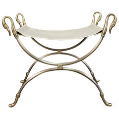 1970 Curule Stool in Gilded and Silvered Bronze "Swans" Model from Maison Charle