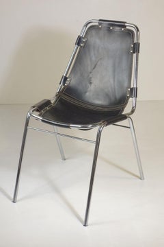 1970 Dal Vera 'Les Arcs' Charlotte Perriand Black Leather Metal Chair set of 2