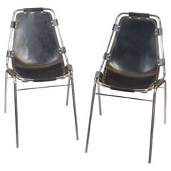 1970 Dal Vera 'Les Arcs' Charlotte Perriand Black Leather Metal Chair set of 2