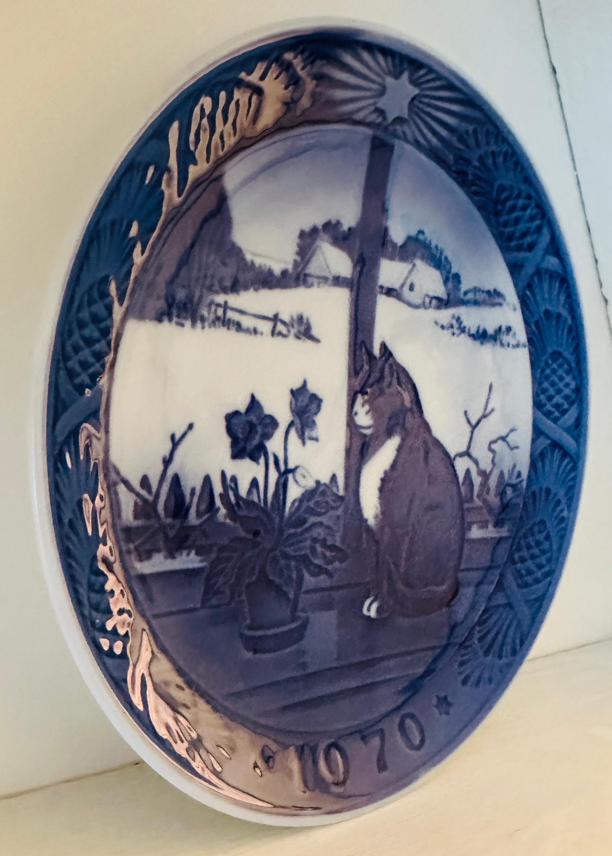1970 Danish Royal Copenhagen Christmas Plate - Christmas Rose & Cat by Kaj Lange 1