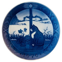 1970 Danish Royal Copenhagen Christmas Plate - Christmas Rose & Cat by Kaj Lange
