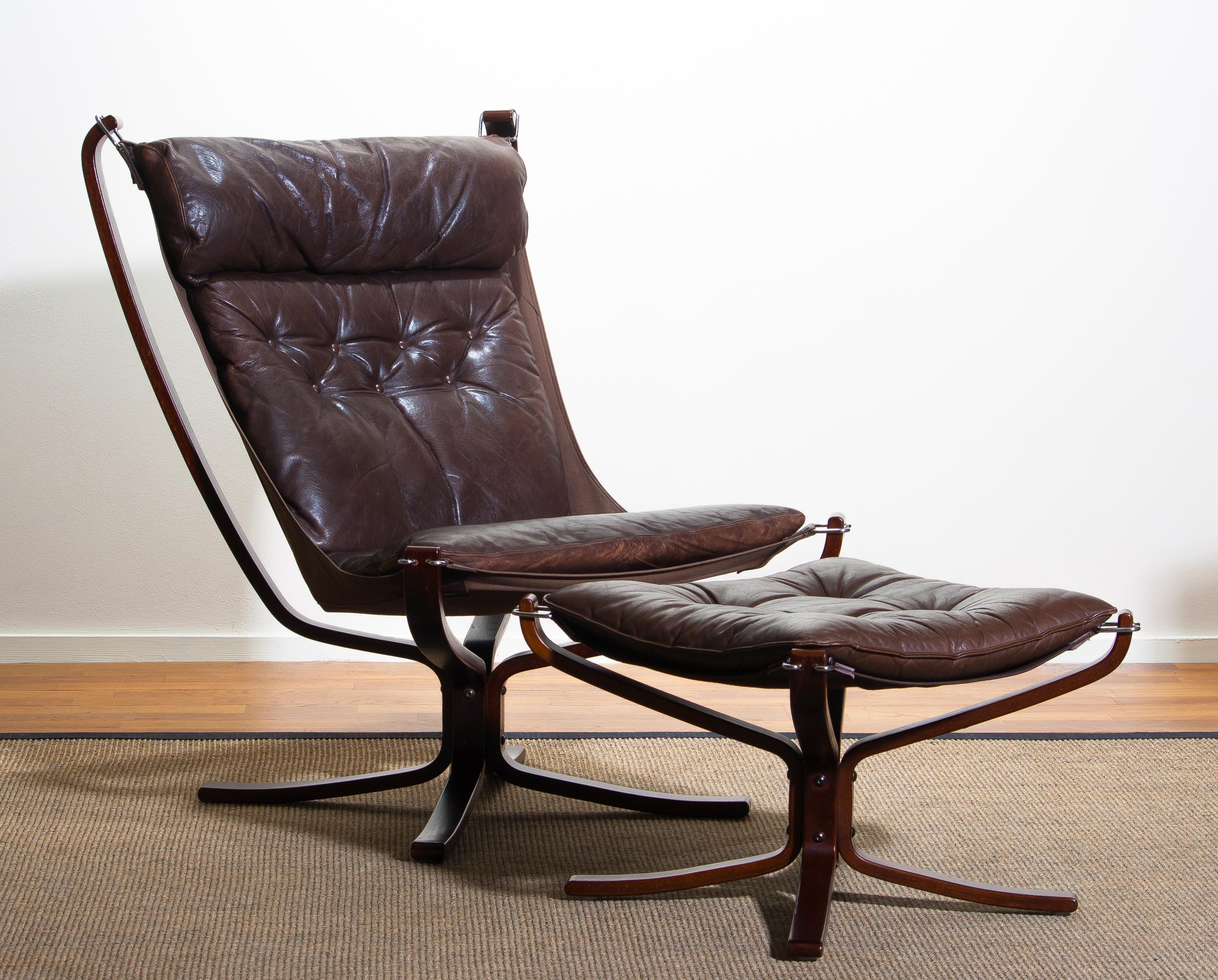 Late 20th Century 1970, Dark Brown Leather Sigurd Ressel Falcon Chair and Ottoman for Vatne Mobler