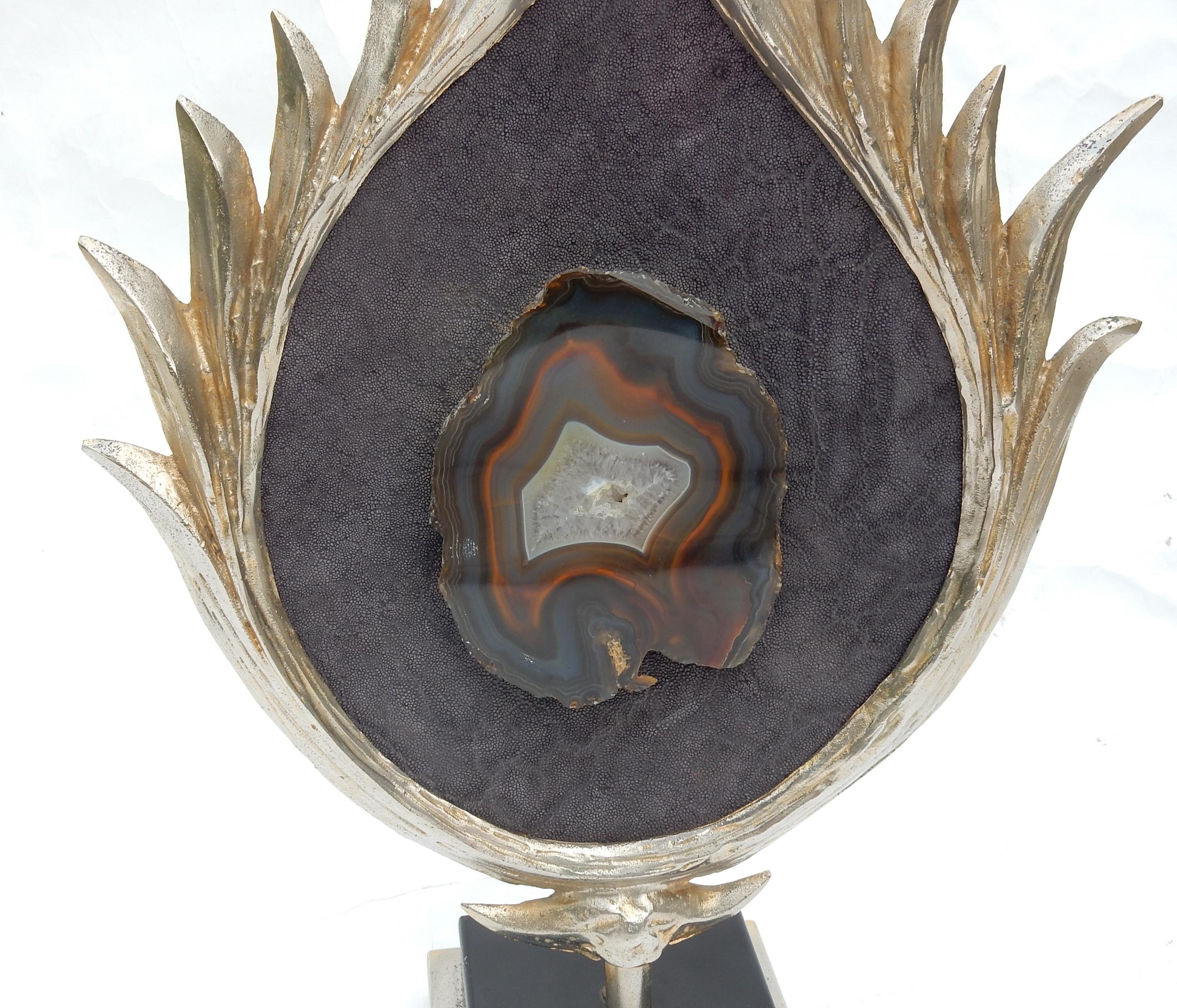 1970 Decor Lotus Lamp Silver Bronze, Shagreen, Agate, Duval Brasseur Unsigned For Sale 3