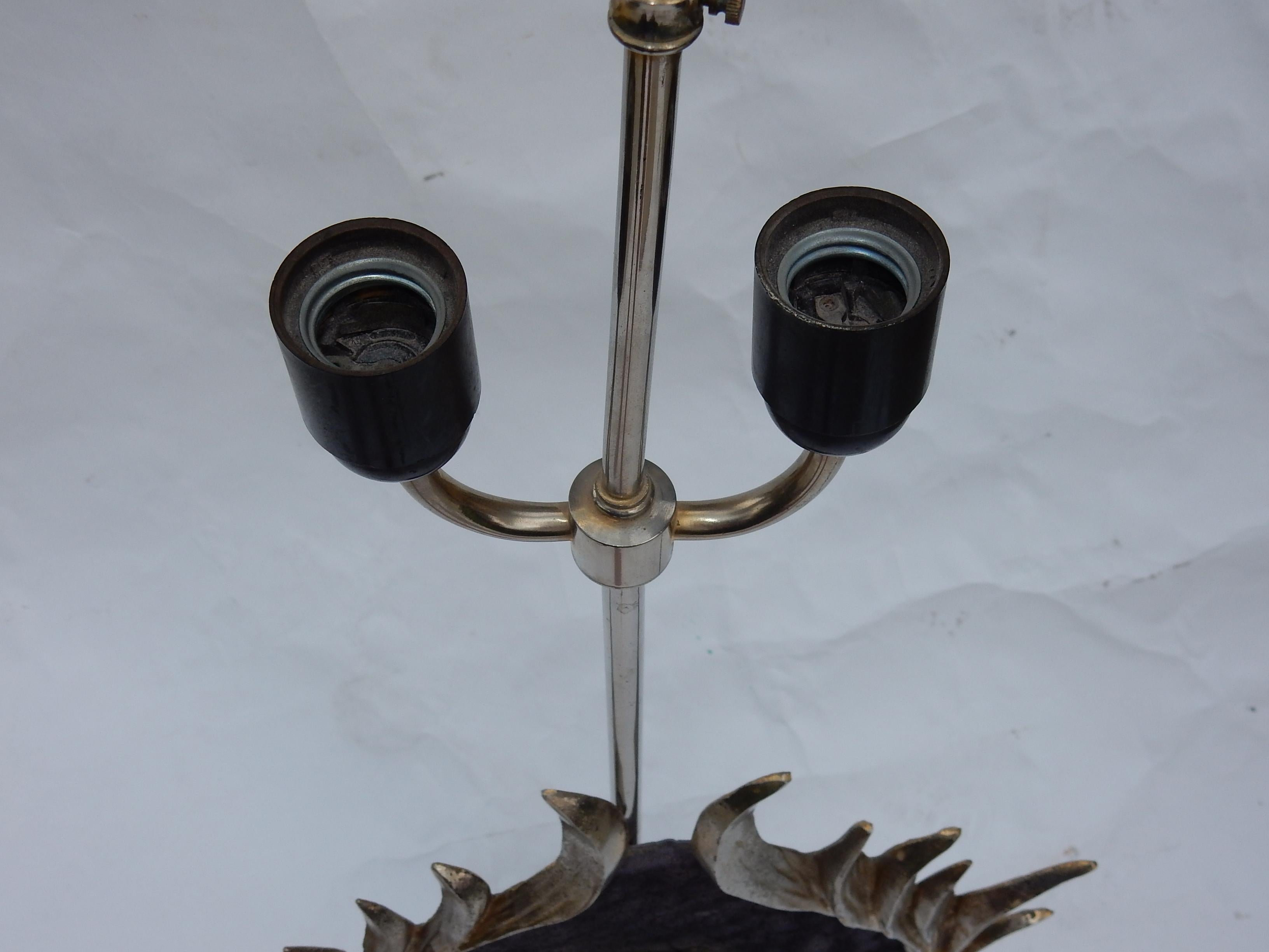 1970 Decor Lotus Lamp Silver Bronze, Shagreen, Agate, Duval Brasseur Unsigned For Sale 4