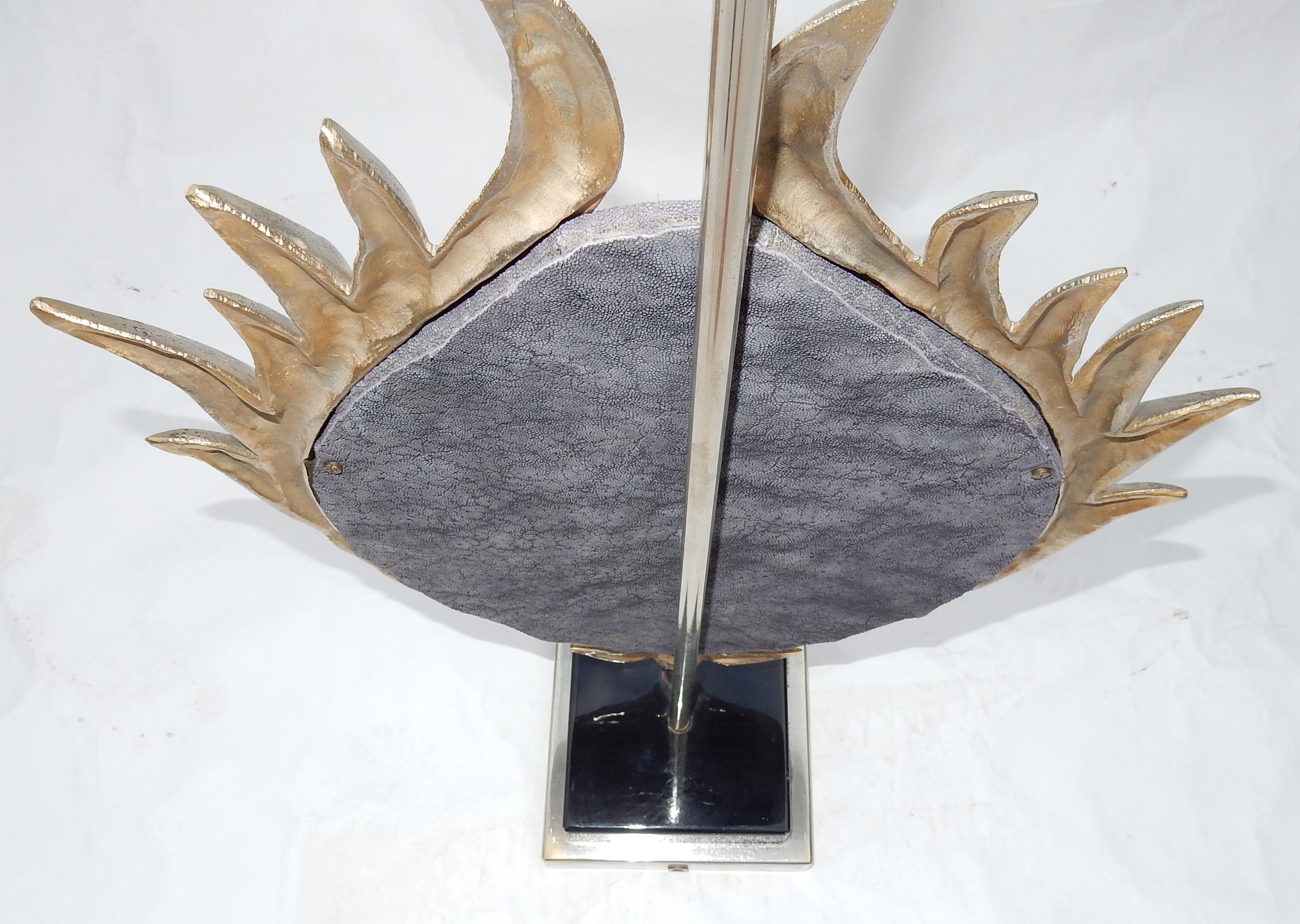 1970 Decor Lotus Lamp Silver Bronze, Shagreen, Agate, Duval Brasseur Unsigned For Sale 6