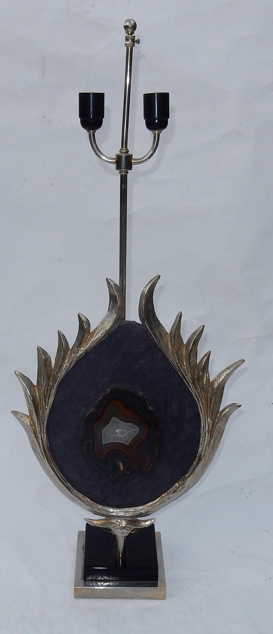 Lampe lotus décorative en bronze argenté, galuchat, agate, laiton Duval Brasseur, non signée, 1970 en vente 6