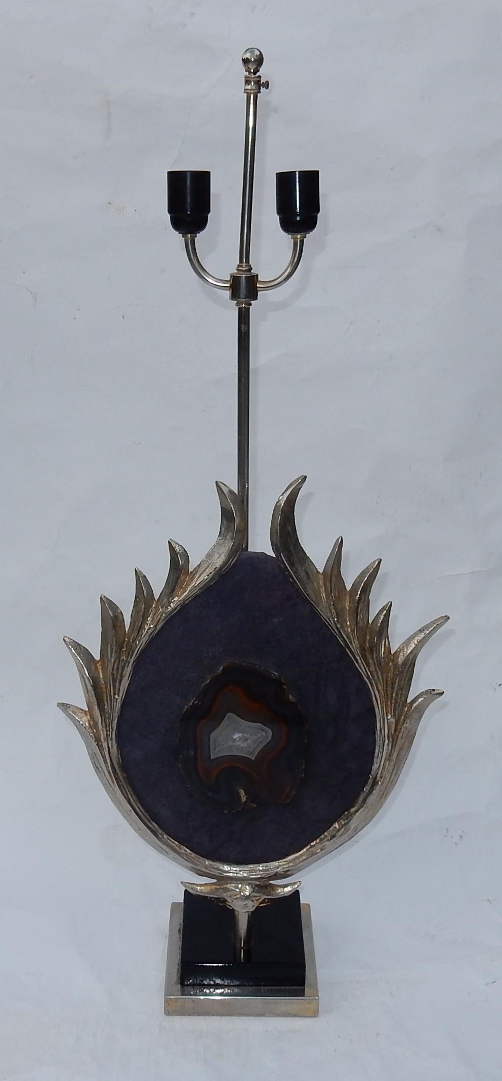 1970 Decor Lotus Lamp Silver Bronze, Shagreen, Agate, Duval Brasseur Unsigned For Sale 8
