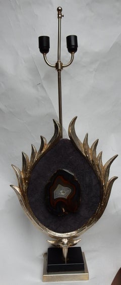 1970 Decor Lotus Lamp Silver Bronze, Shagreen, Agate, Duval Brasseur Unsigned