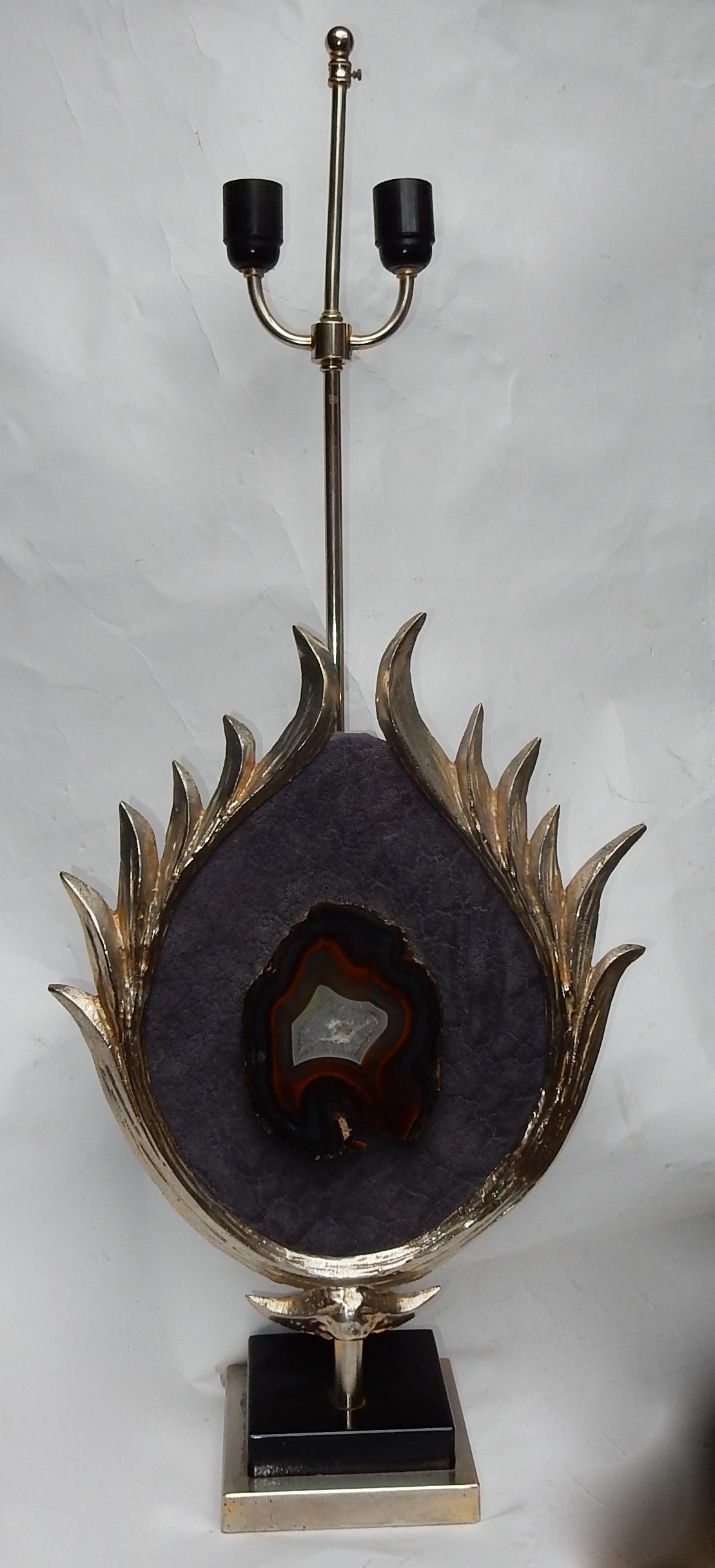 Ère spatiale Lampe lotus décorative en bronze argenté, galuchat, agate, laiton Duval Brasseur, non signée, 1970 en vente