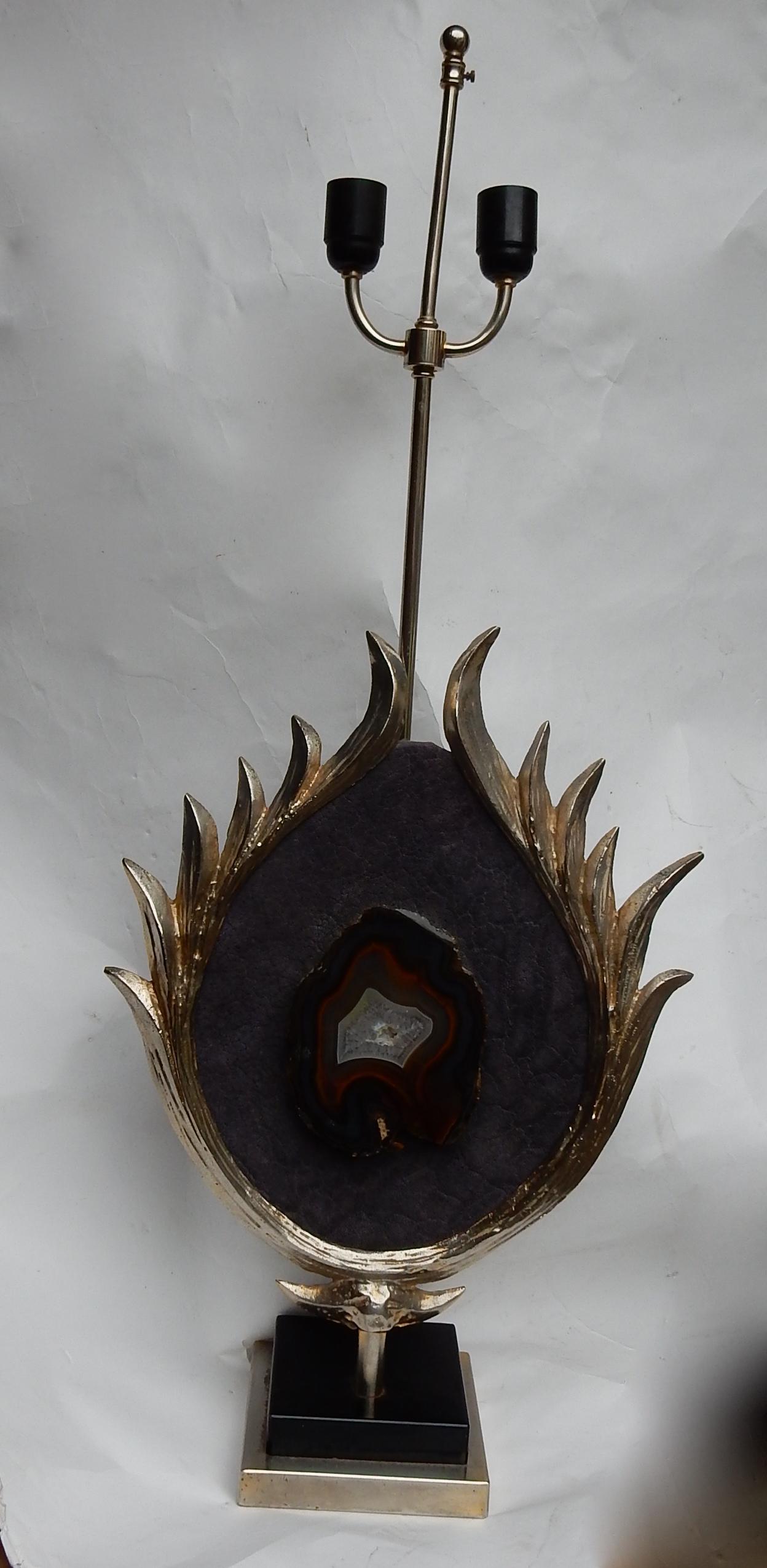 Polished 1970 Decor Lotus Lamp Silver Bronze, Shagreen, Agate, Duval Brasseur Unsigned For Sale