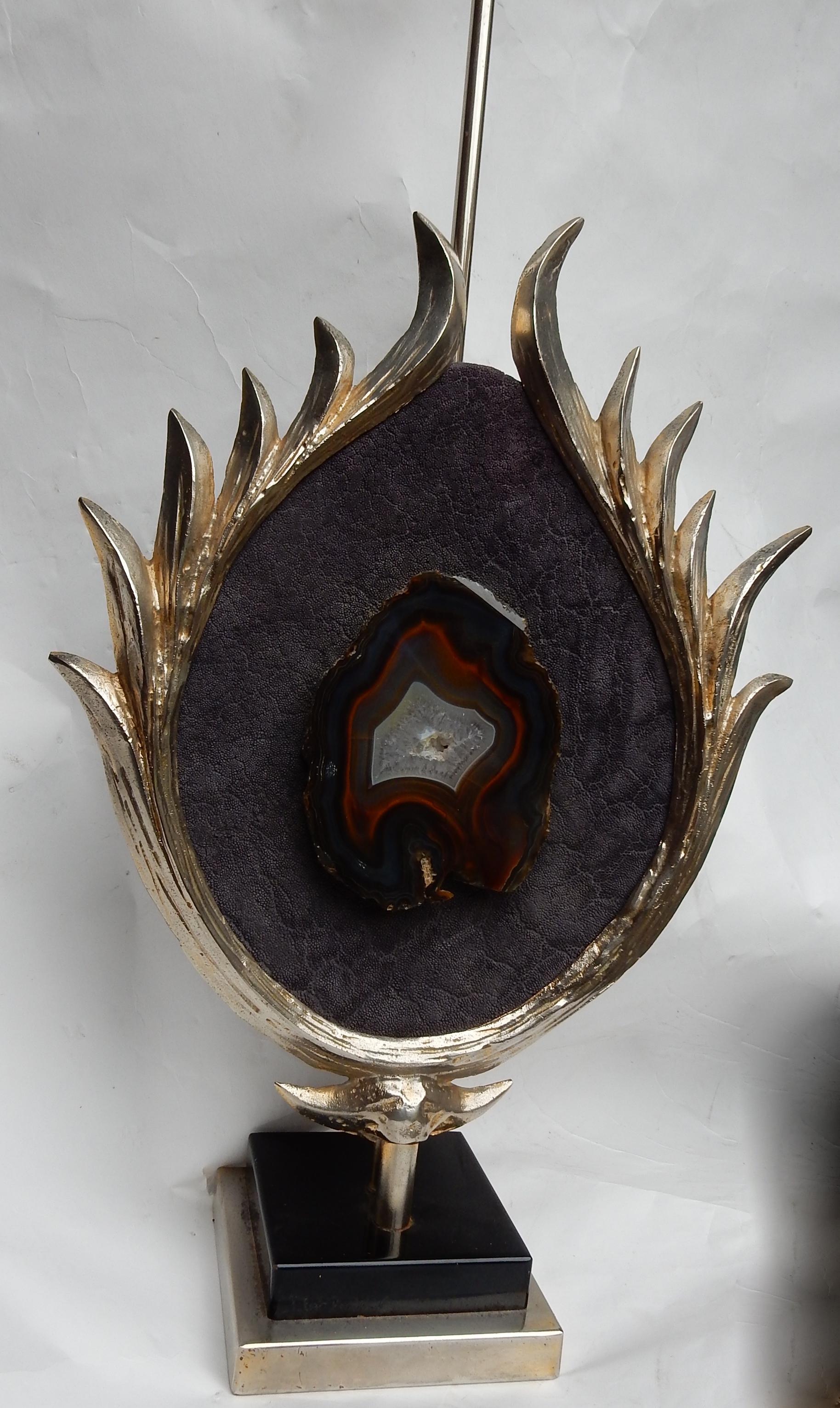 1970 Decor Lotus Lamp Silver Bronze, Shagreen, Agate, Duval Brasseur Unsigned In Good Condition For Sale In Paris, FR