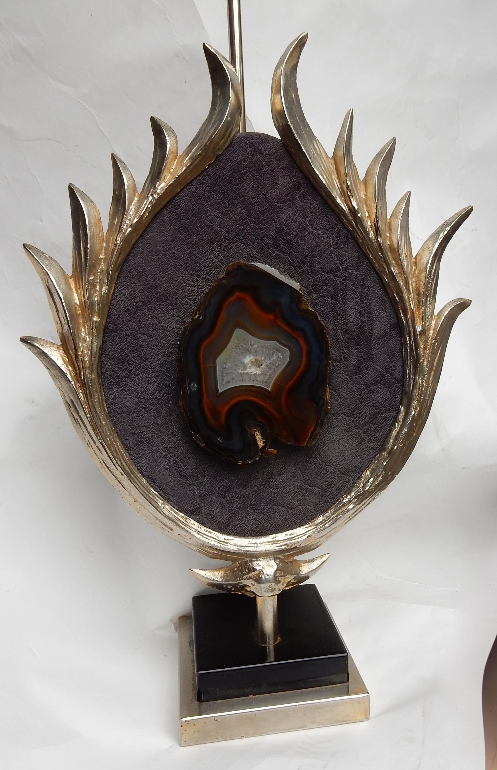Late 20th Century 1970 Decor Lotus Lamp Silver Bronze, Shagreen, Agate, Duval Brasseur Unsigned For Sale