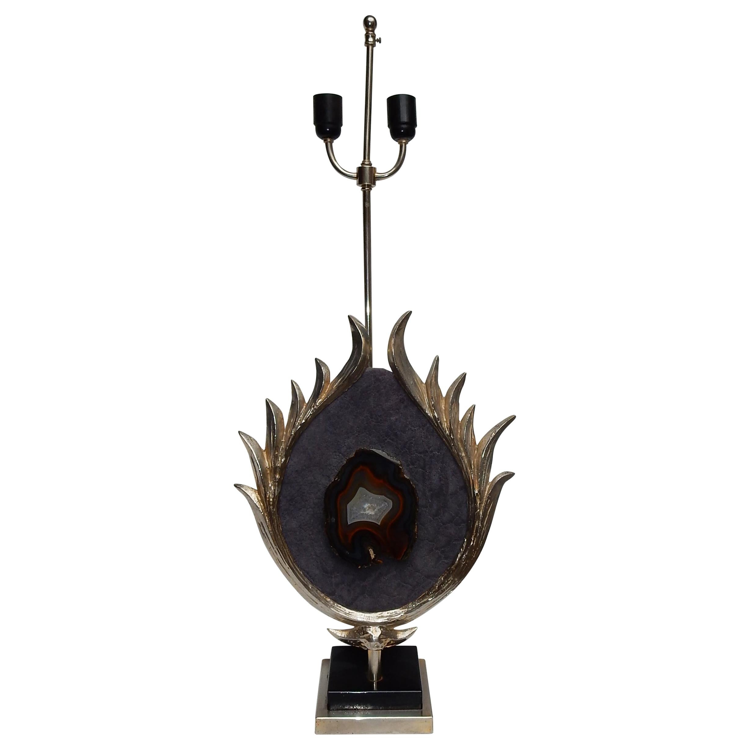 Lampe lotus décorative en bronze argenté, galuchat, agate, laiton Duval Brasseur, non signée, 1970