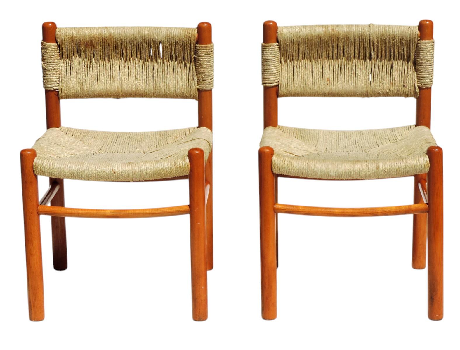 Mid-Century Modern 1970 Dordogne style Charlotte Perriand by Robert Sentou Wicker Wood 4 Chairs For Sale