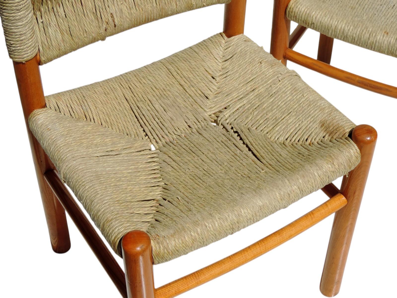 1970 Dordogne style Charlotte Perriand by Robert Sentou Wicker Wood 4 Chairs In Good Condition For Sale In Brescia, IT