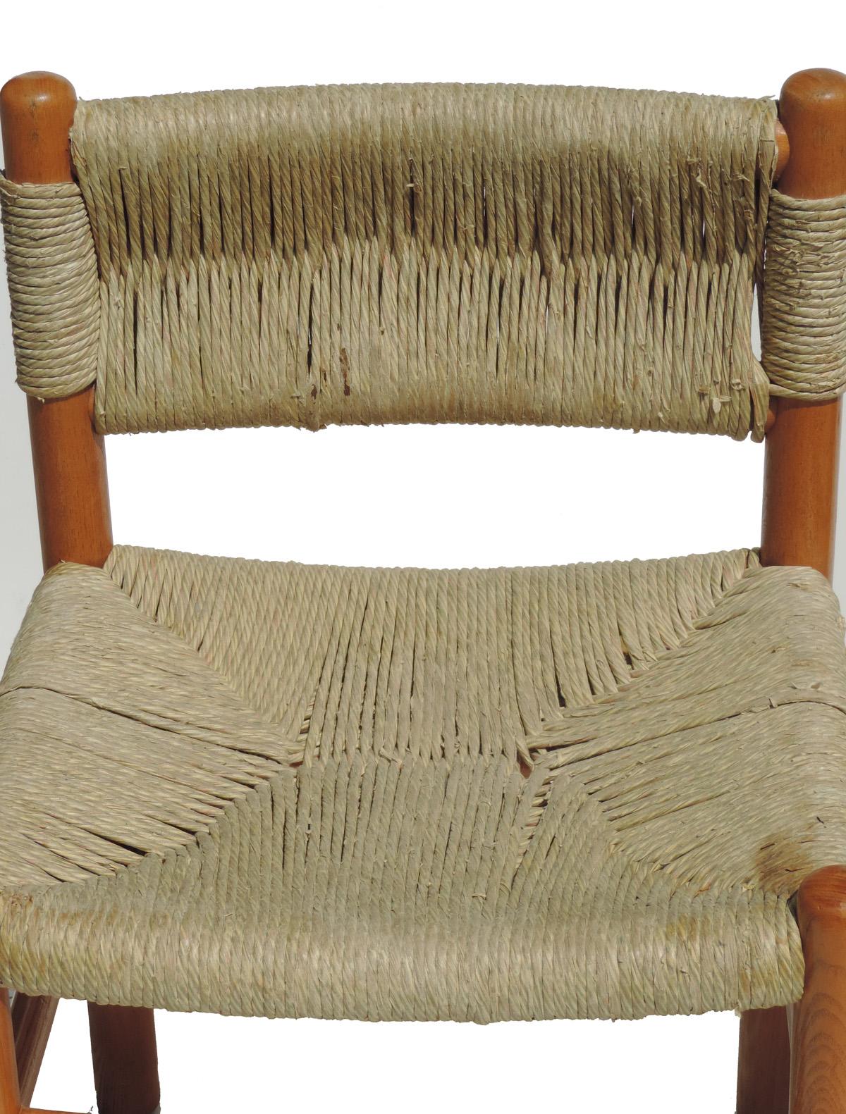 1970 Dordogne style Charlotte Perriand by Robert Sentou Wicker Wood 4 Chairs For Sale 1