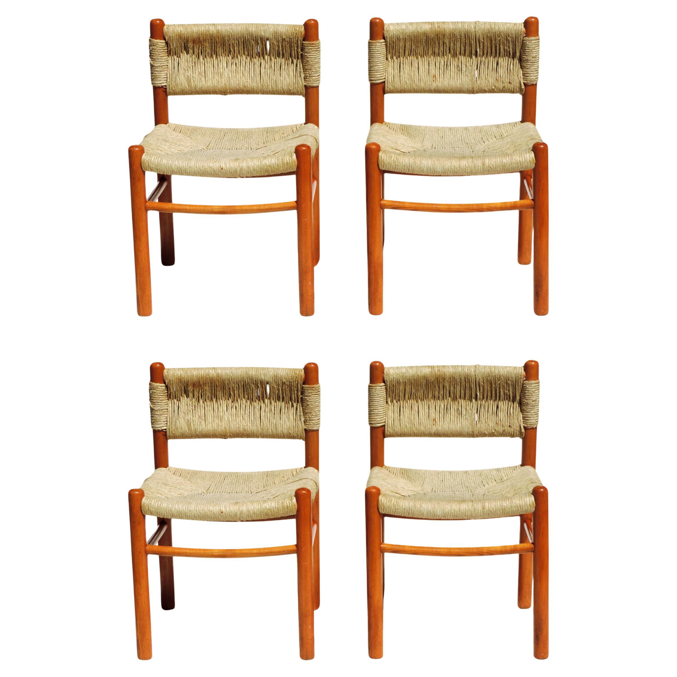 1970 style Dordogne Charlotte Perriand par Robert Sentou Osier Wood 4 Chairs