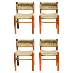 1970 Dordogne style Charlotte Perriand by Robert Sentou Wicker Wood 4 Chairs