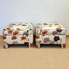 1970 Drexel Heritage Oversized Floral Ivory Parsons Rectangular Ottomans - a Set