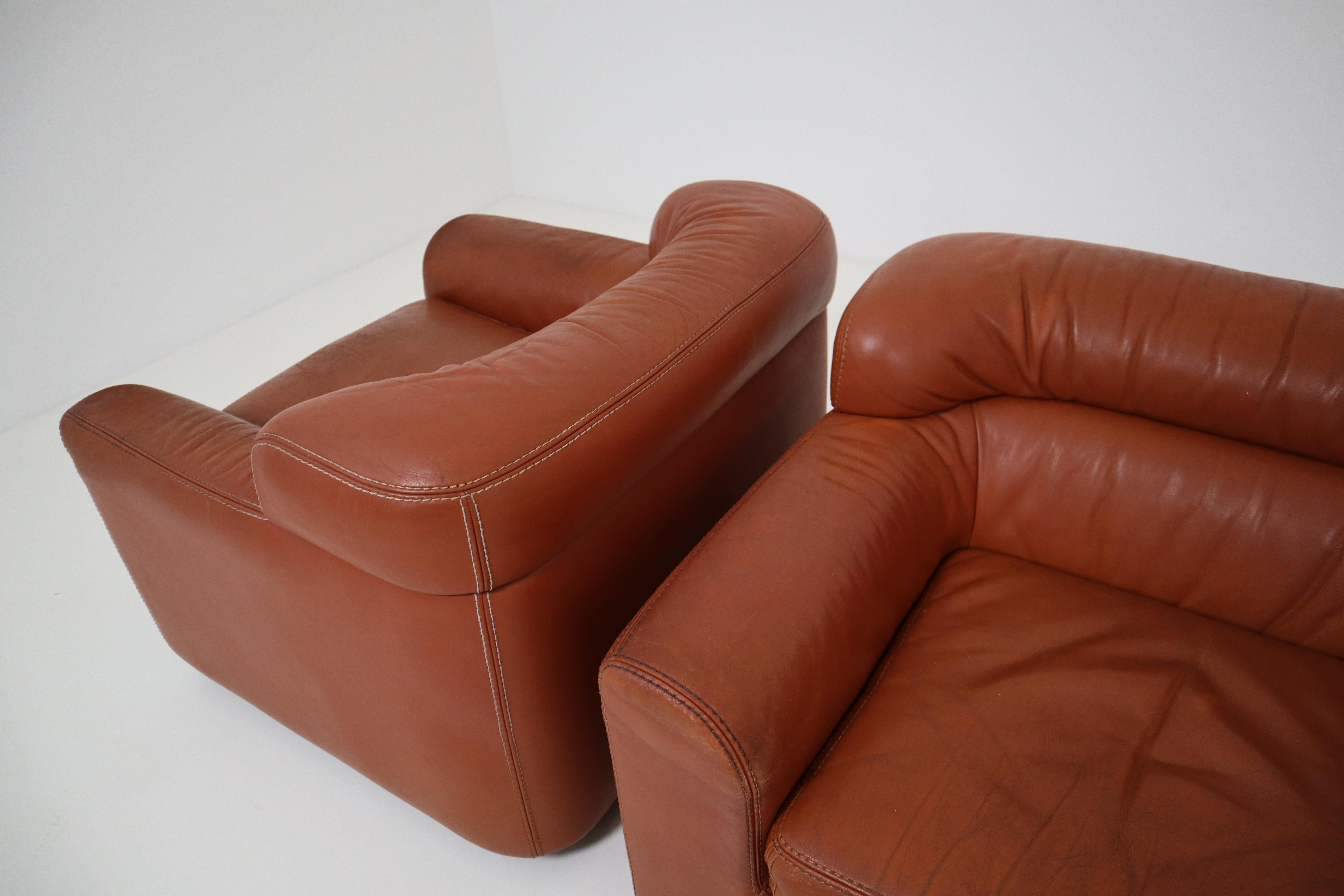 Mid-Century Modern 1970 Durlet Cognac Buffalo Neck-Leather Armchairs