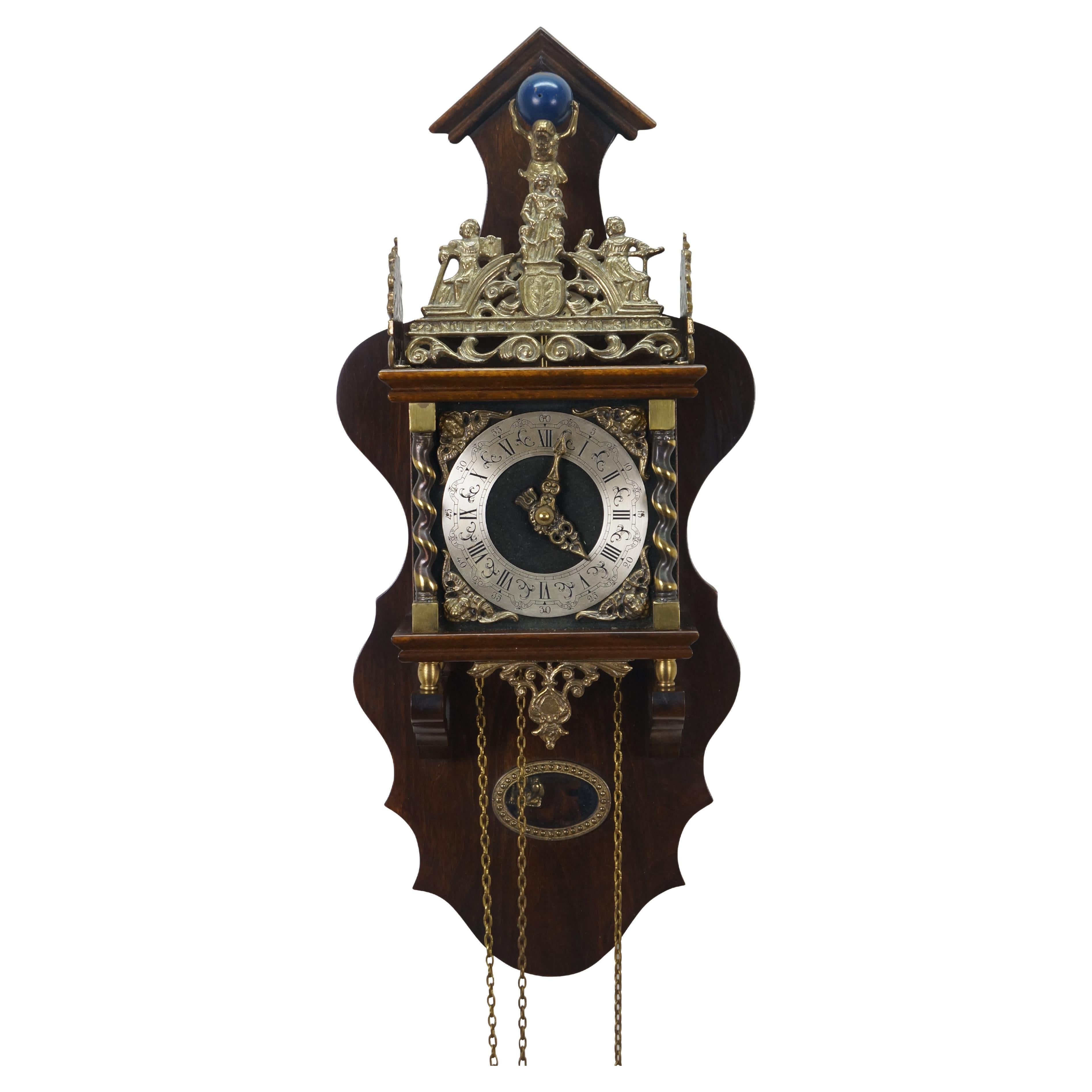 1970 Dutch Zaanse Warmink Wuba Brass Atlas Globe 8 Day Wall Clock 25" For Sale