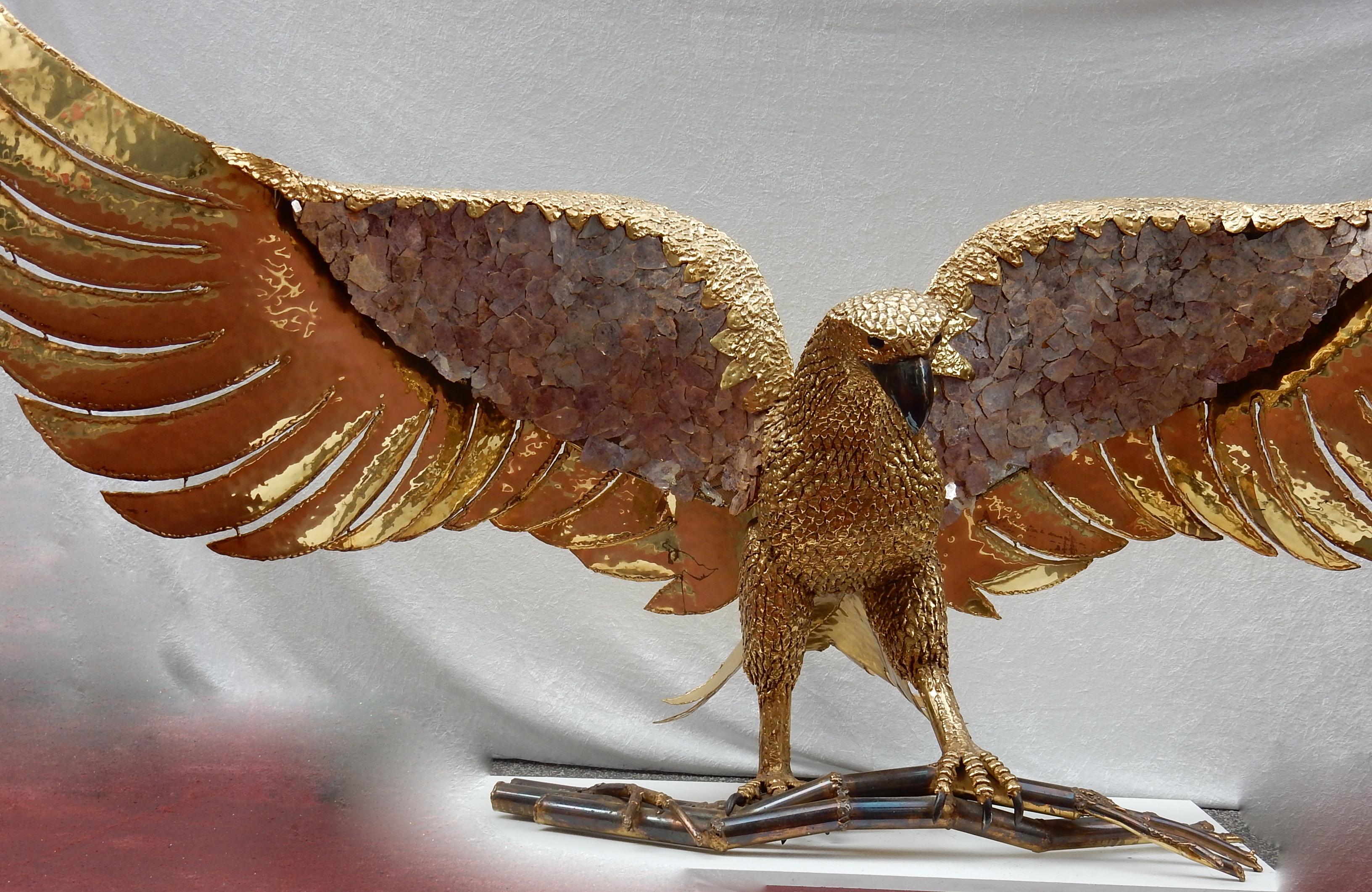 Space Age 1970 Eagle Lamp with Deployed Wings in Bronze and Purple Mica Signed I Faure