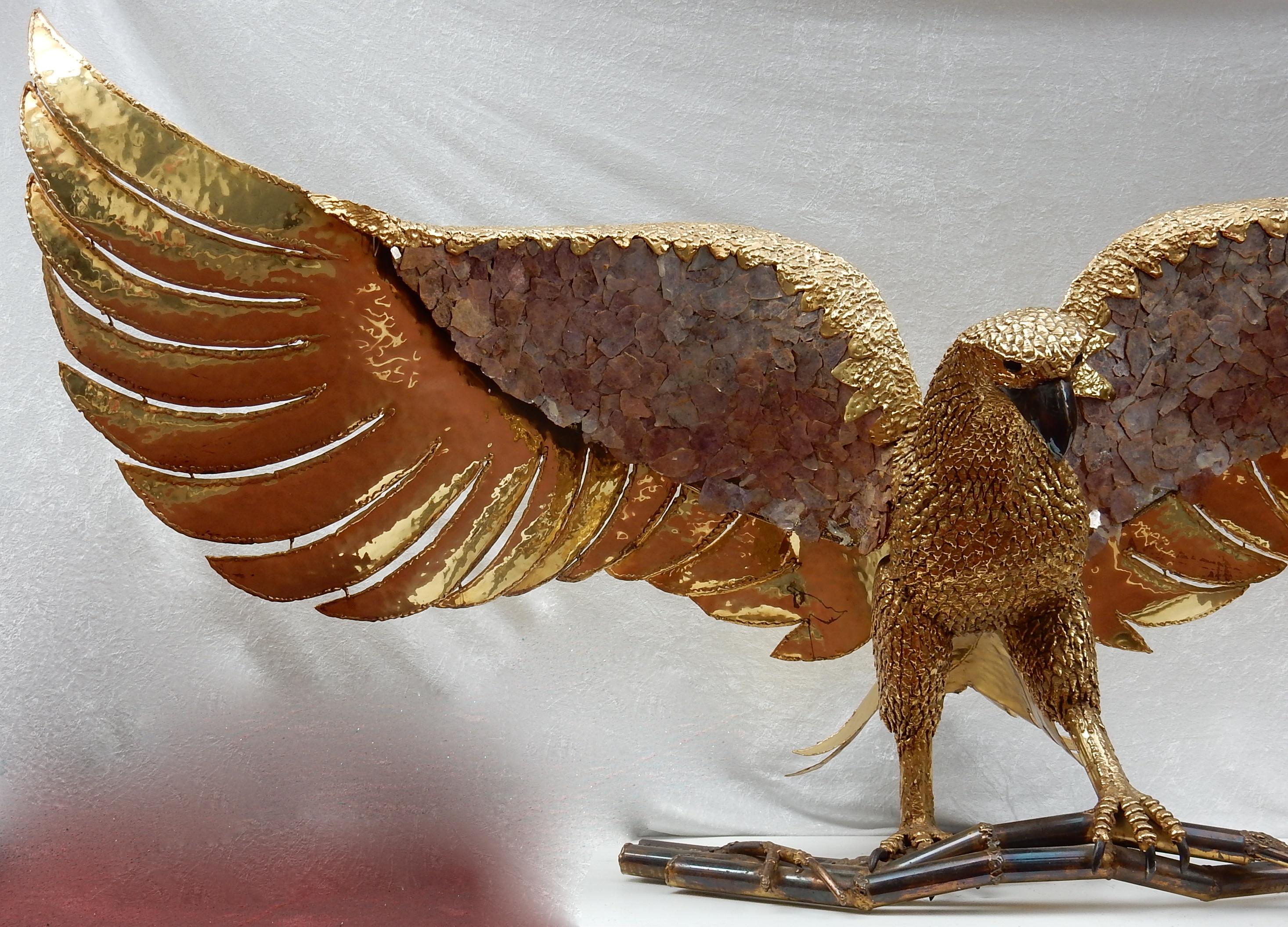 French 1970 Eagle Lamp with Deployed Wings in Bronze and Purple Mica Signed I Faure
