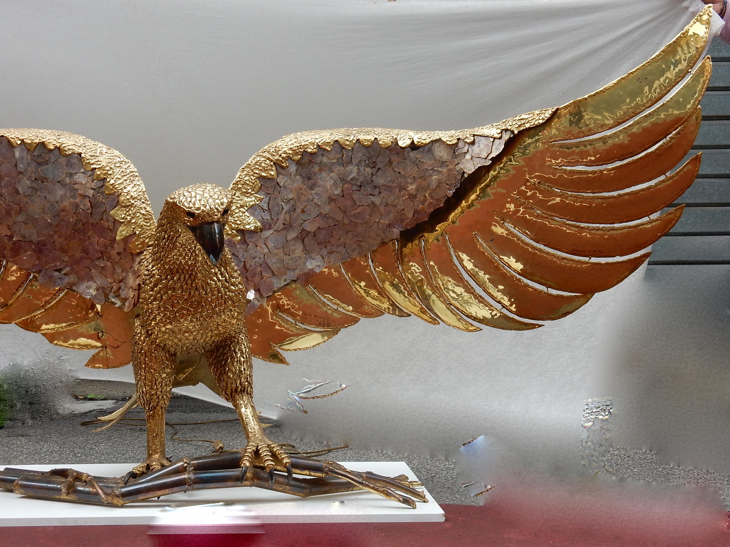 Polished 1970 Eagle Lamp with Deployed Wings in Bronze and Purple Mica Signed I Faure