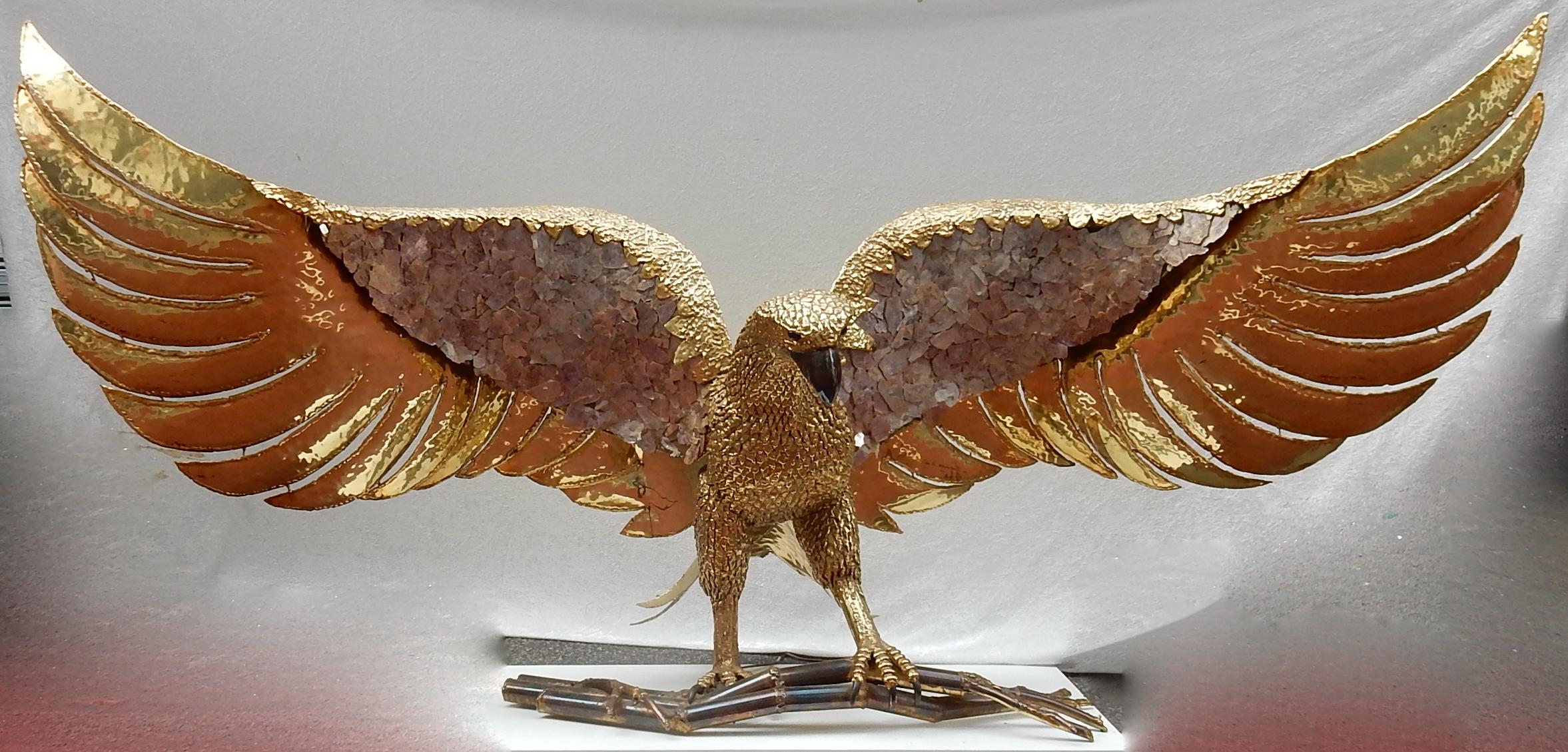 1970 Eagle Lamp with Deployed Wings in Bronze and Purple Mica Signed I Faure In Good Condition In Paris, FR
