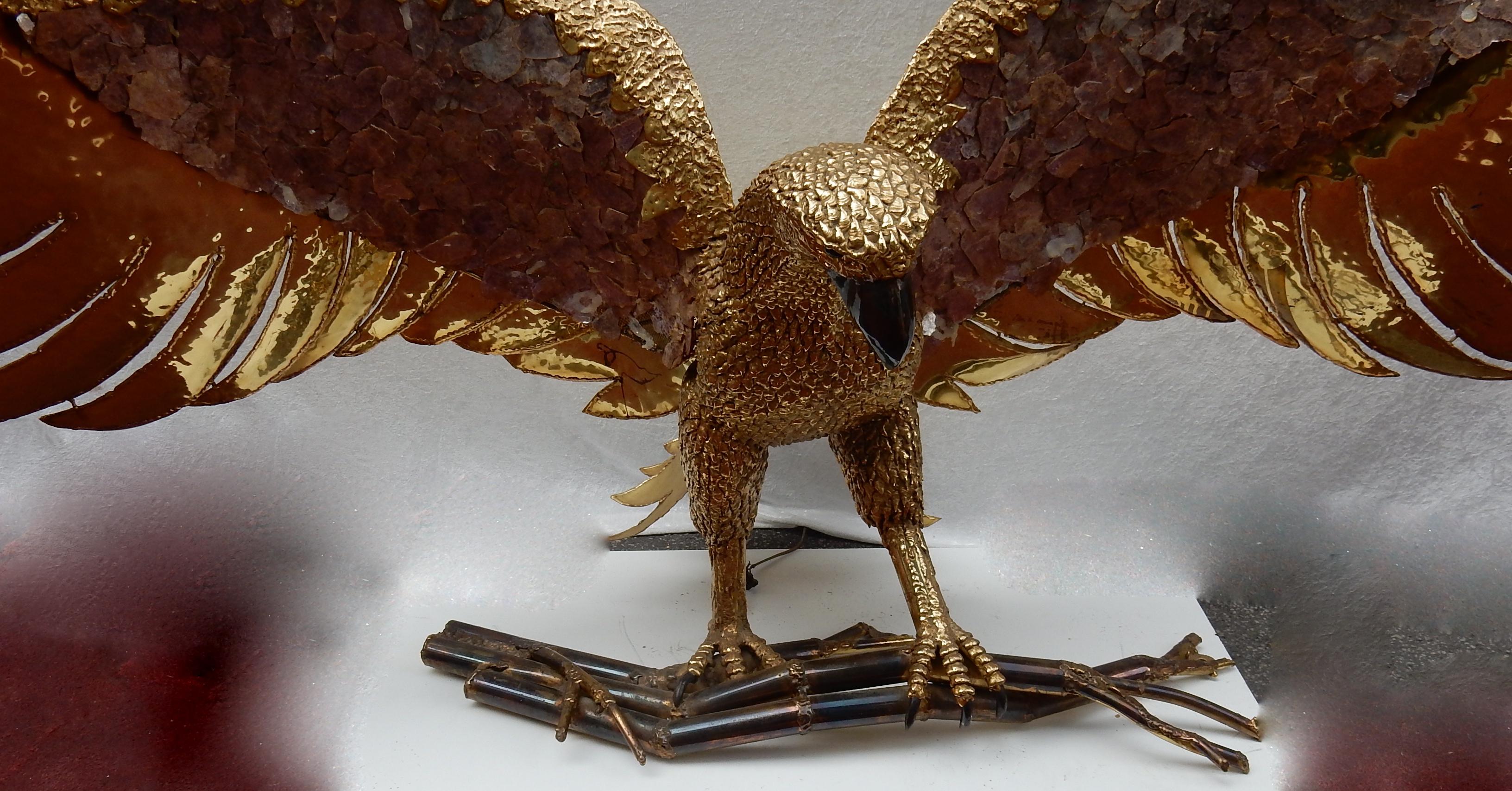 Late 20th Century 1970 Eagle Lamp with Deployed Wings in Bronze and Purple Mica Signed I Faure